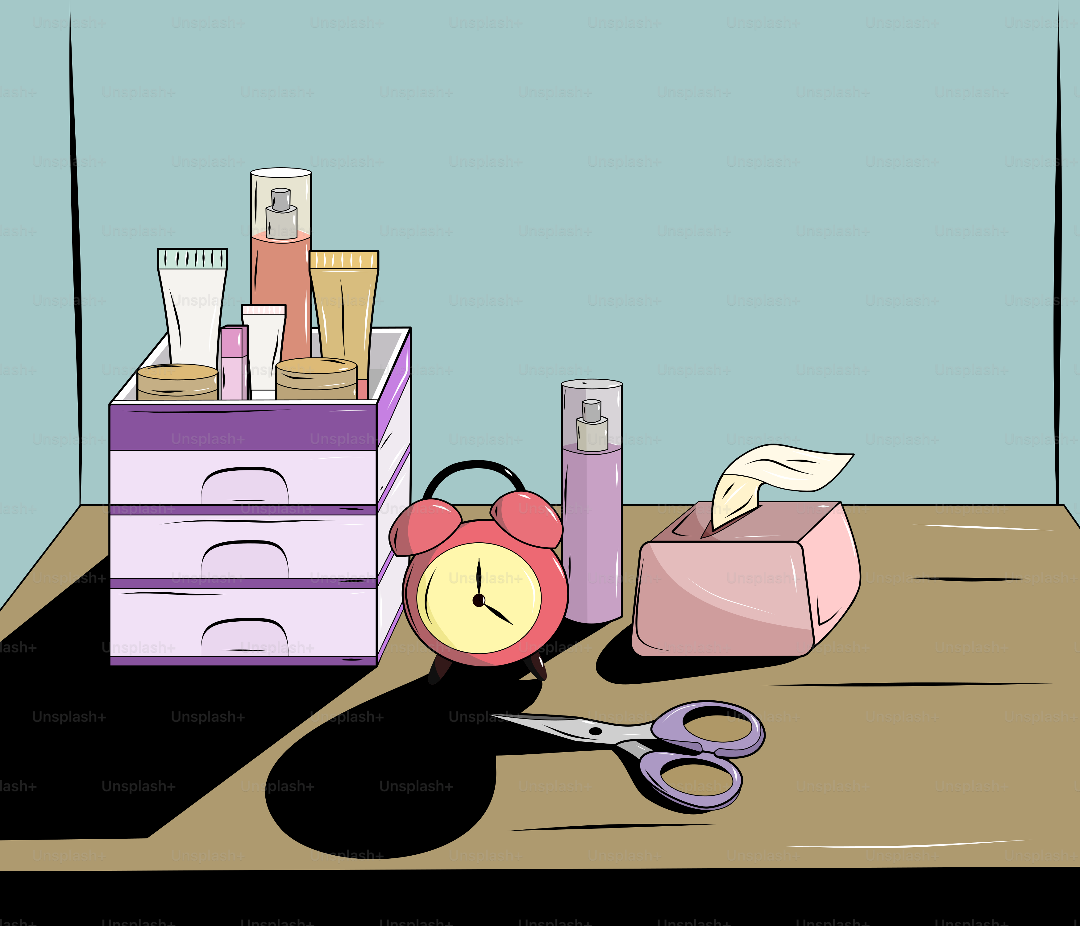 Uma mesa com um relógio, tesoura e outros itens