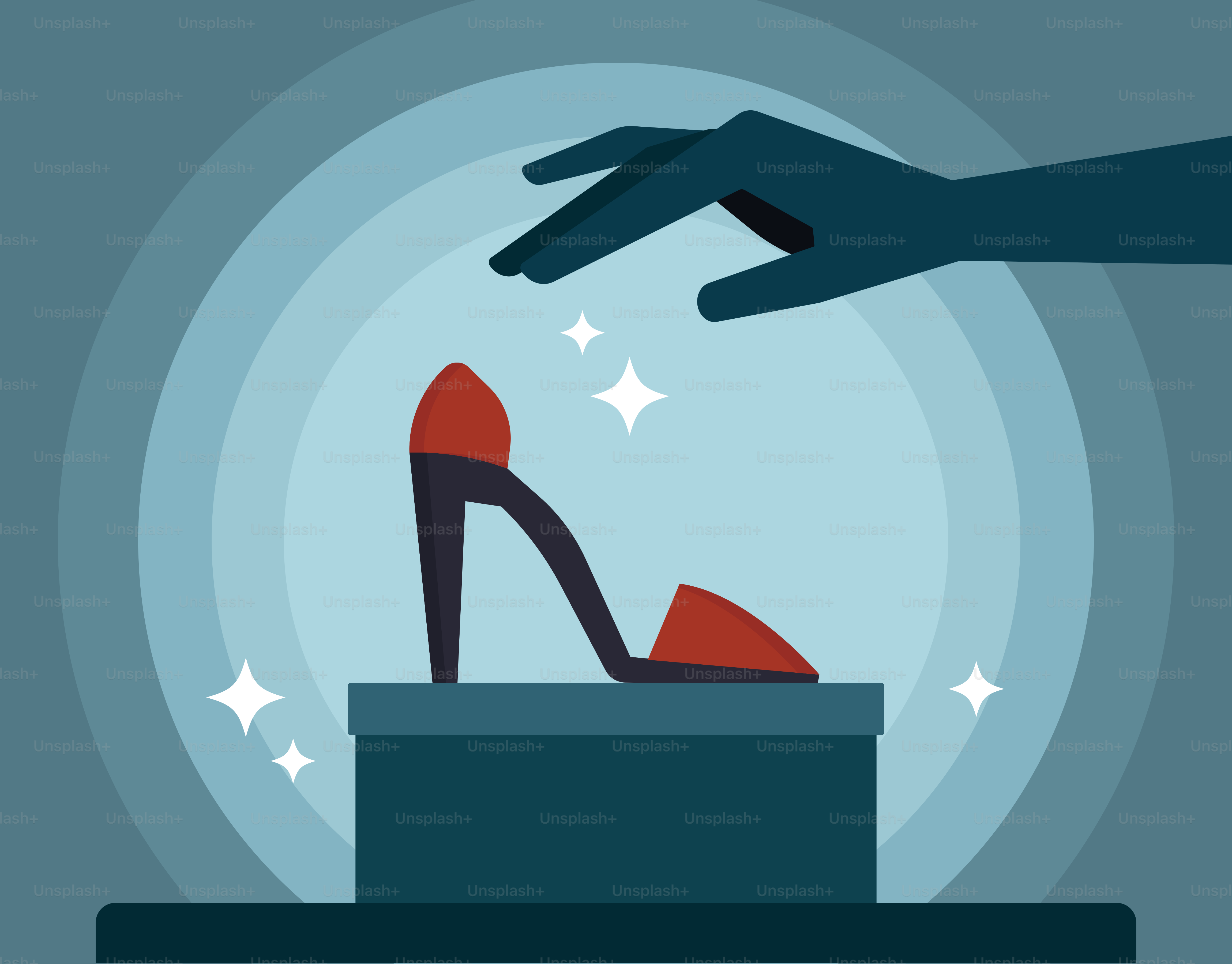 A hand reaching for a high heel shoe