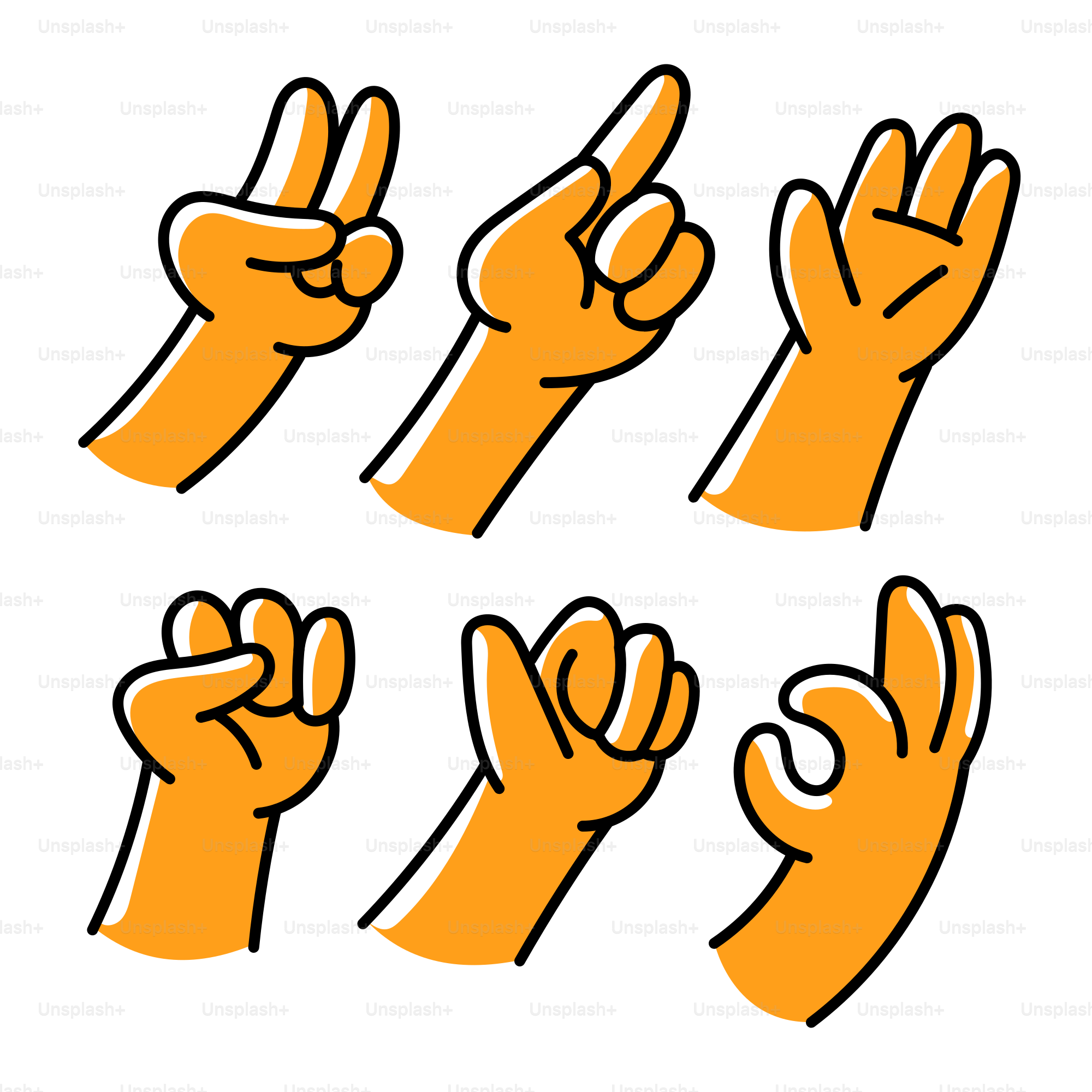 A set of orange hand gestures on a white background
