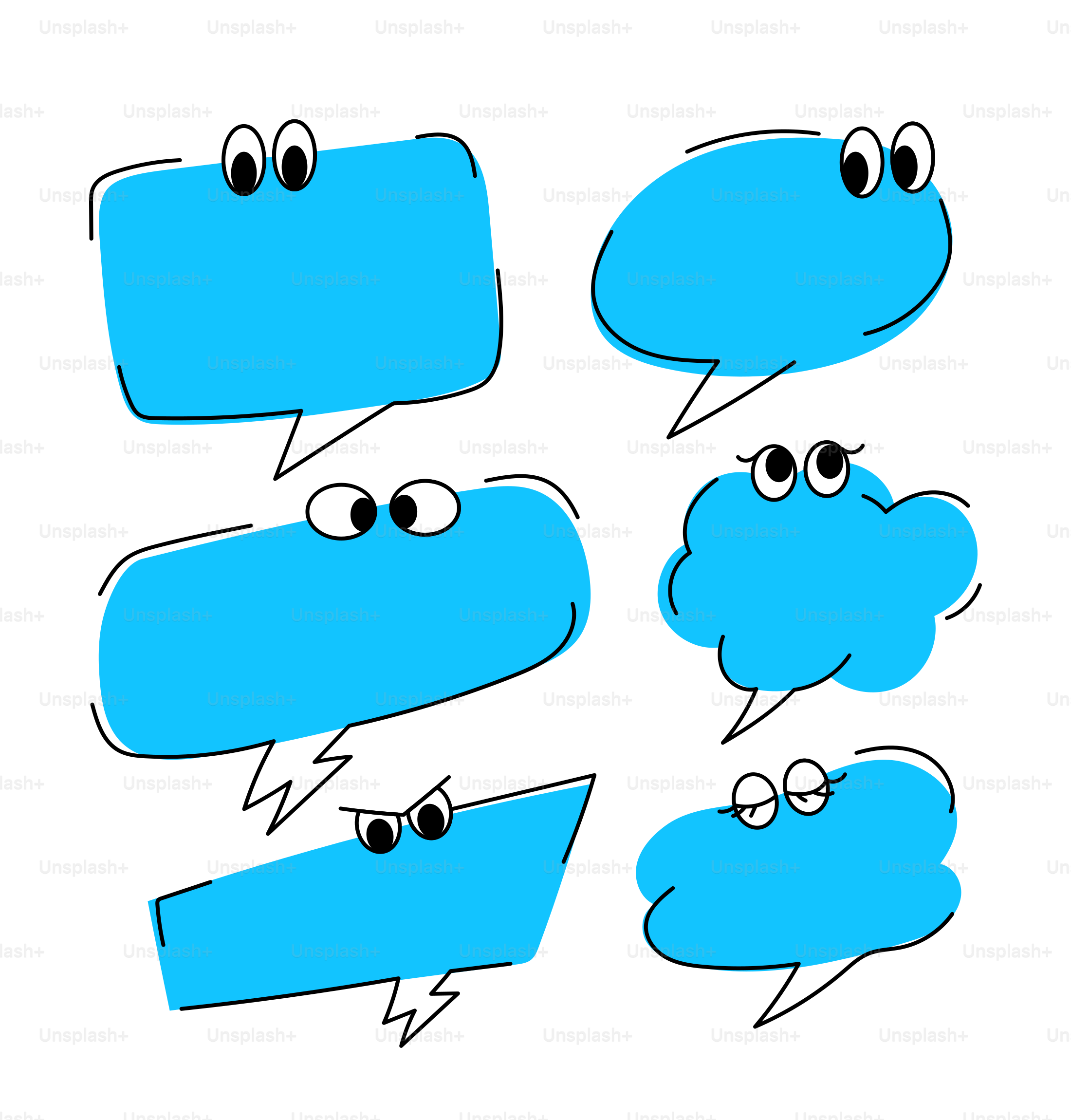 A set of blue speech bubbles with eyes