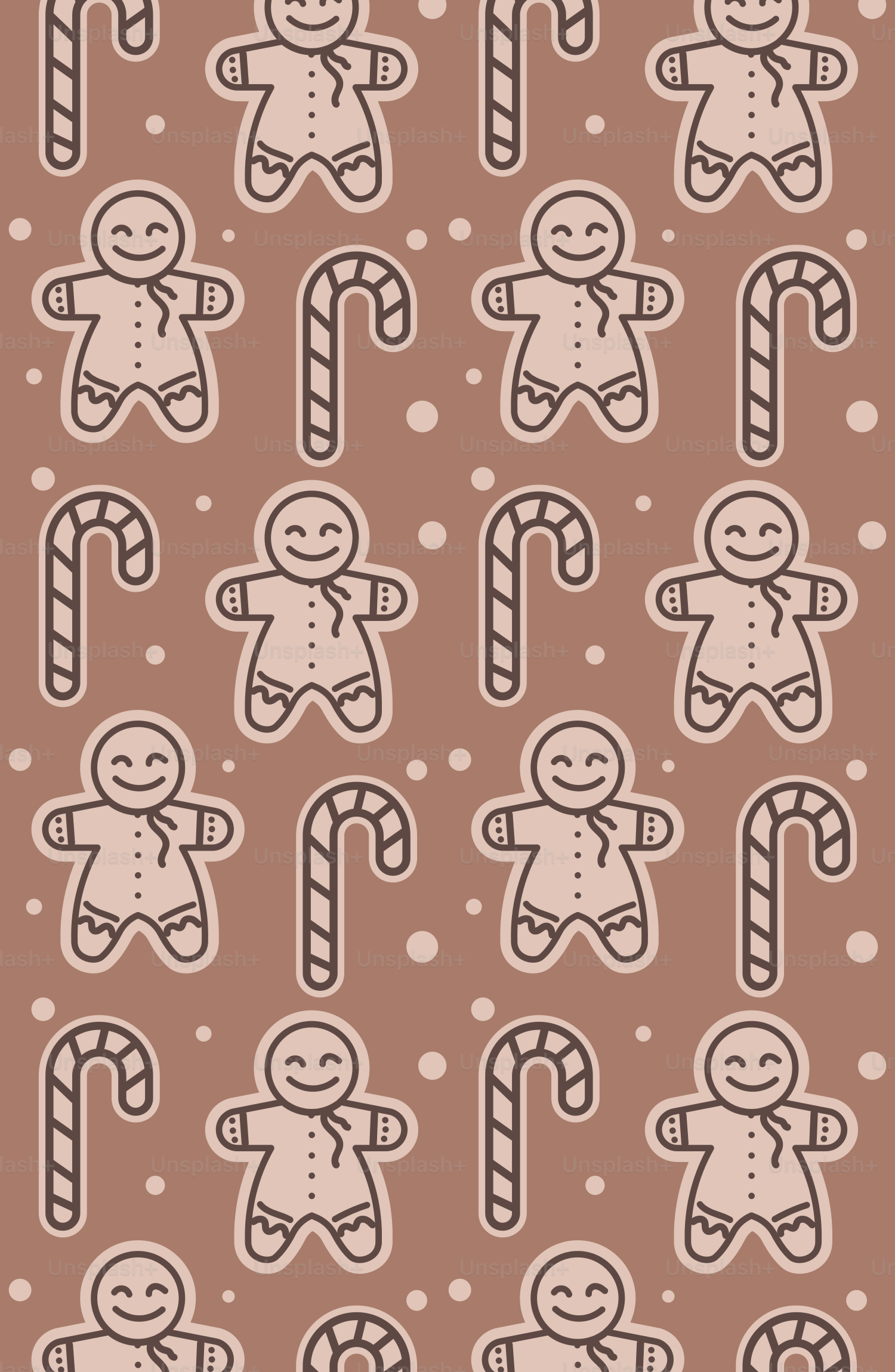 A pattern of gingers and candy canes on a brown background