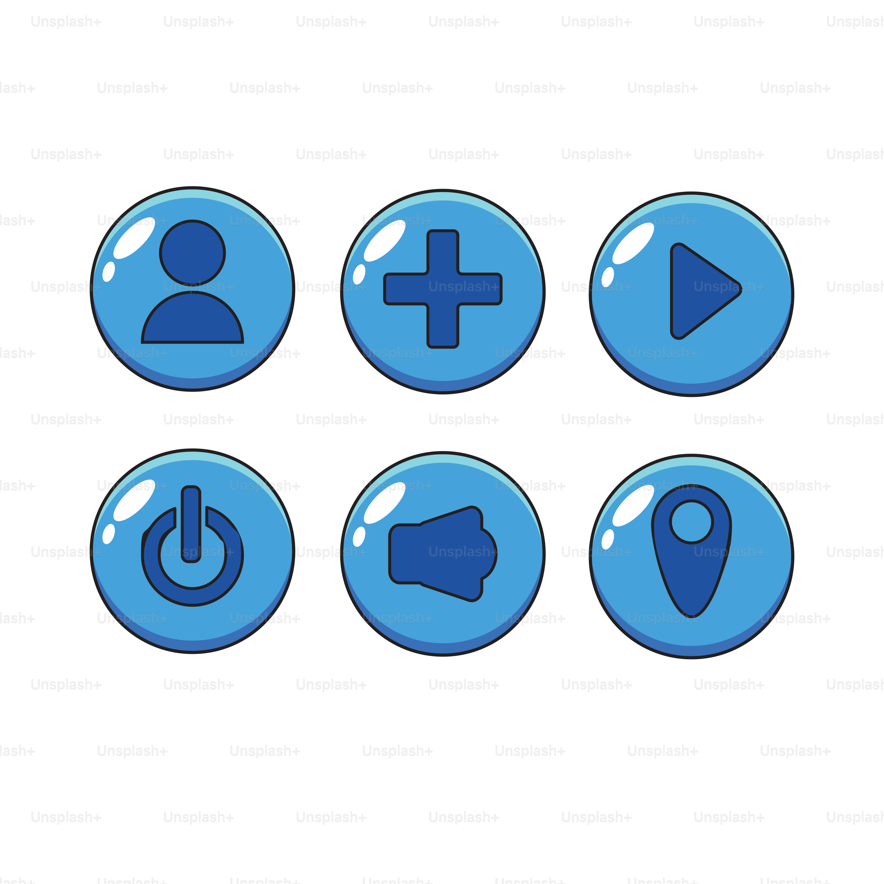 Un ensemble de boutons bleus avec différents symboles