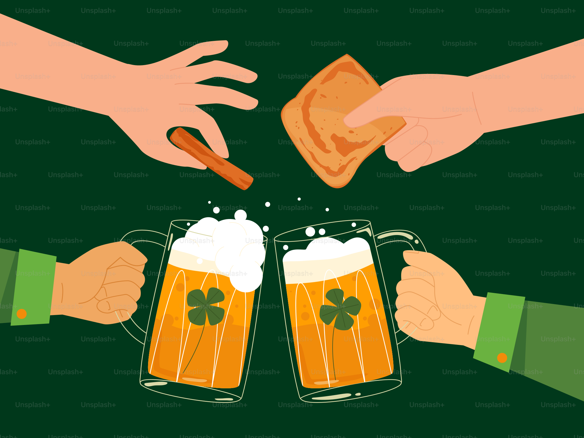 Two mugs of beer being toasted by two hands