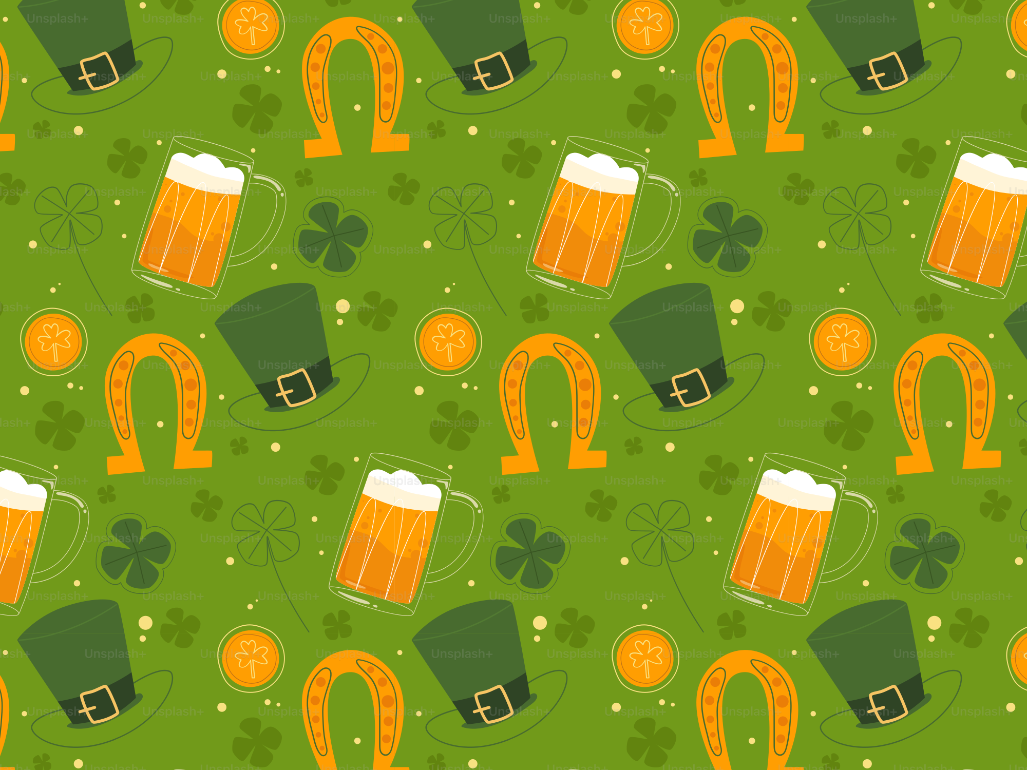 A green background with shamrocks and beer mugs