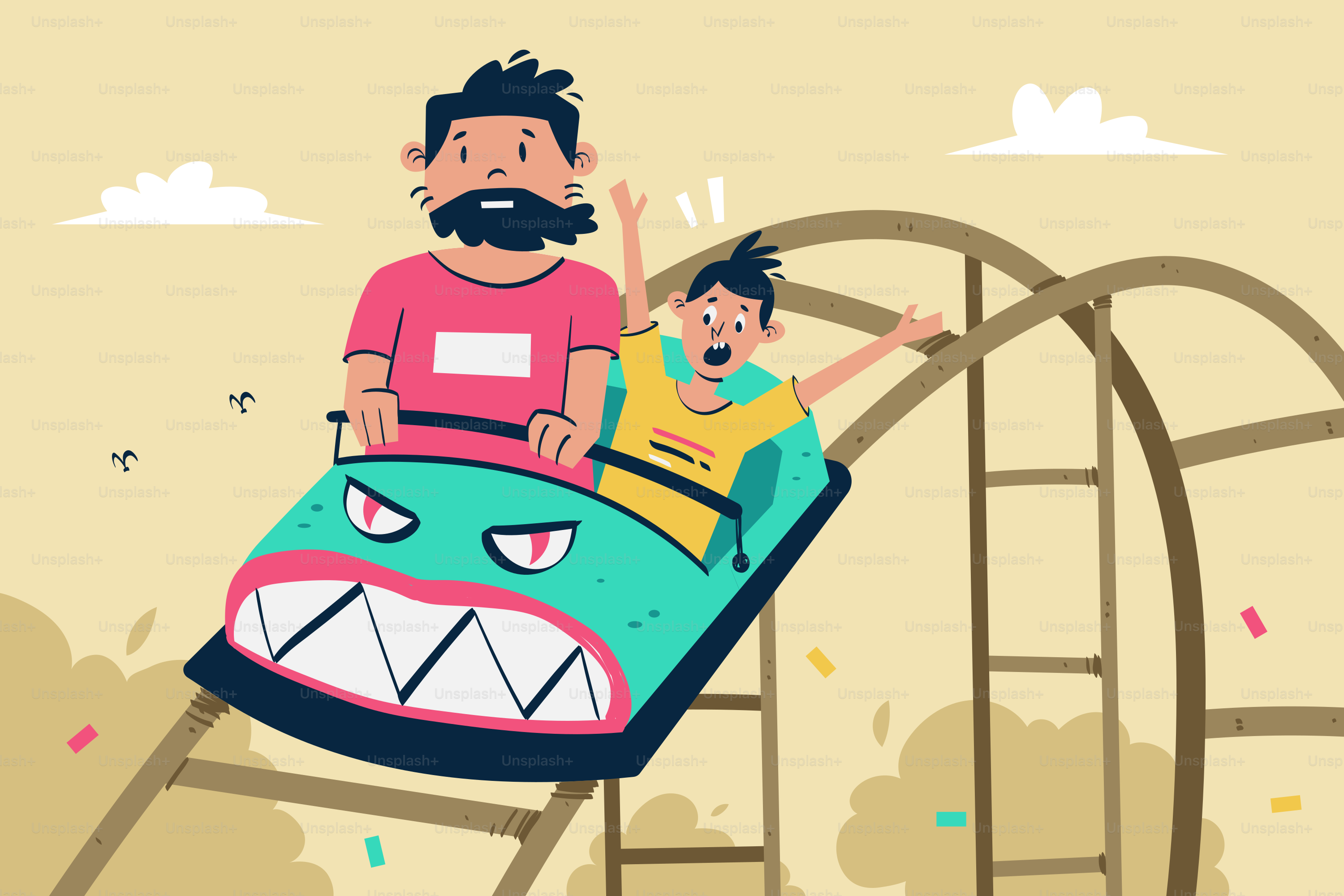 男性と子供がジェットコースターに乗っている