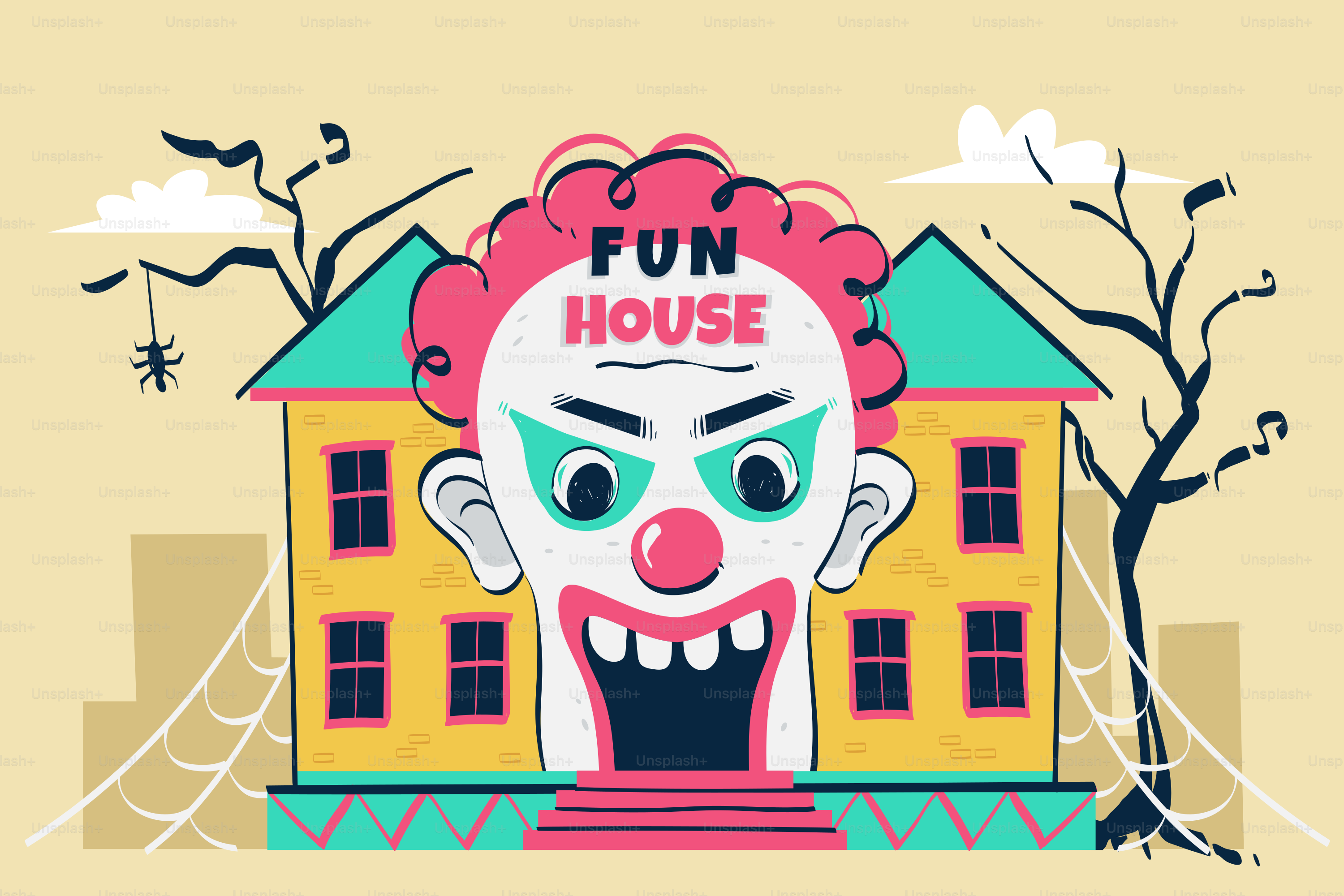 Un cartone animato di una casa con la faccia di un clown inquietante