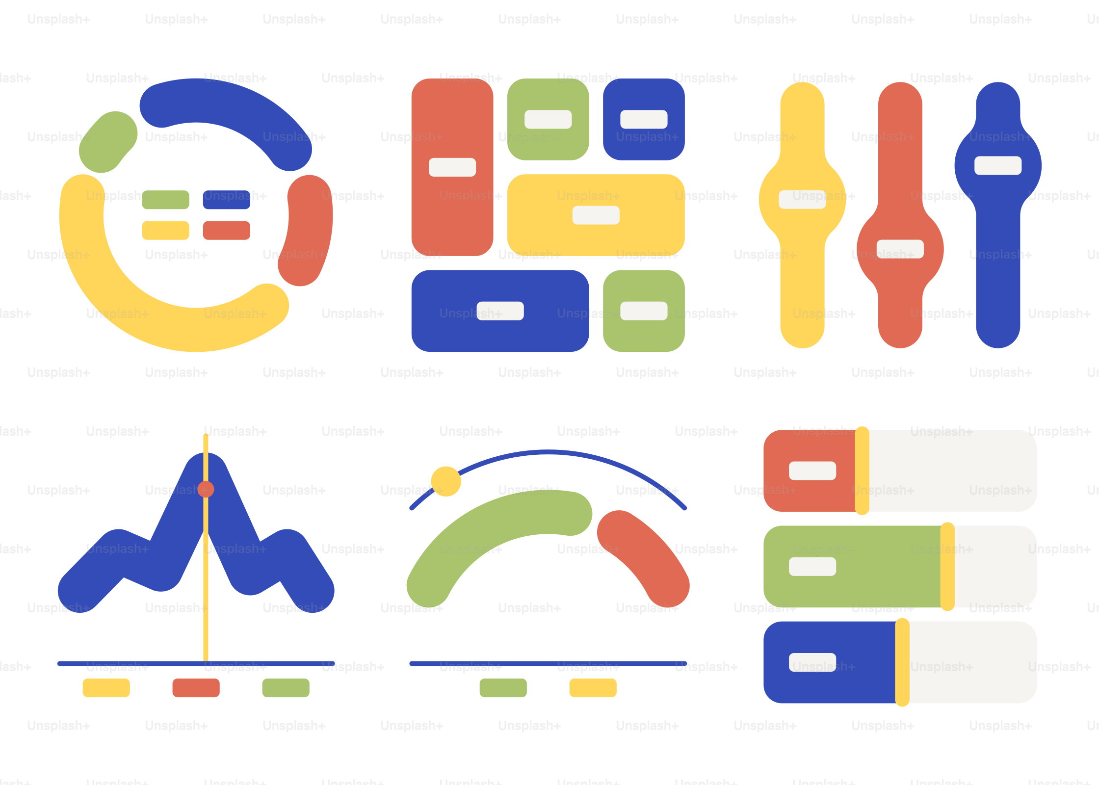 Un conjunto de objetos de diferentes colores sobre un fondo blanco
