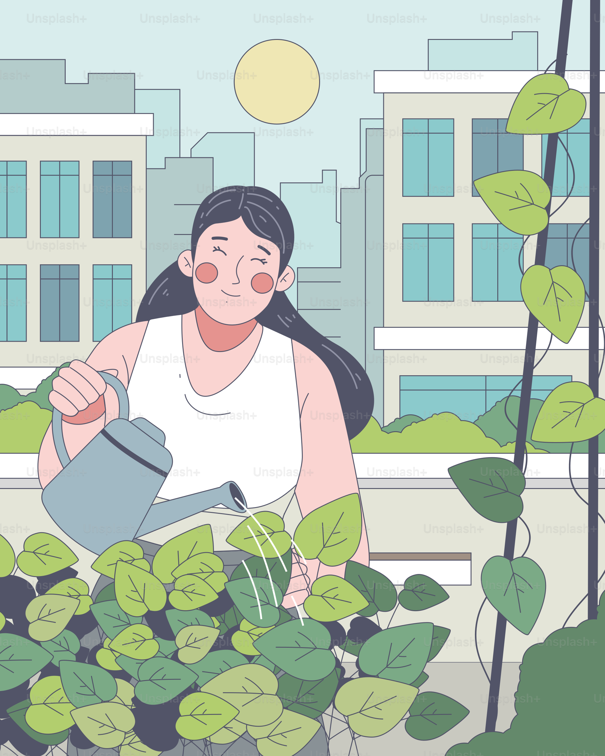 Una mujer regando plantas en una maceta en un balcón