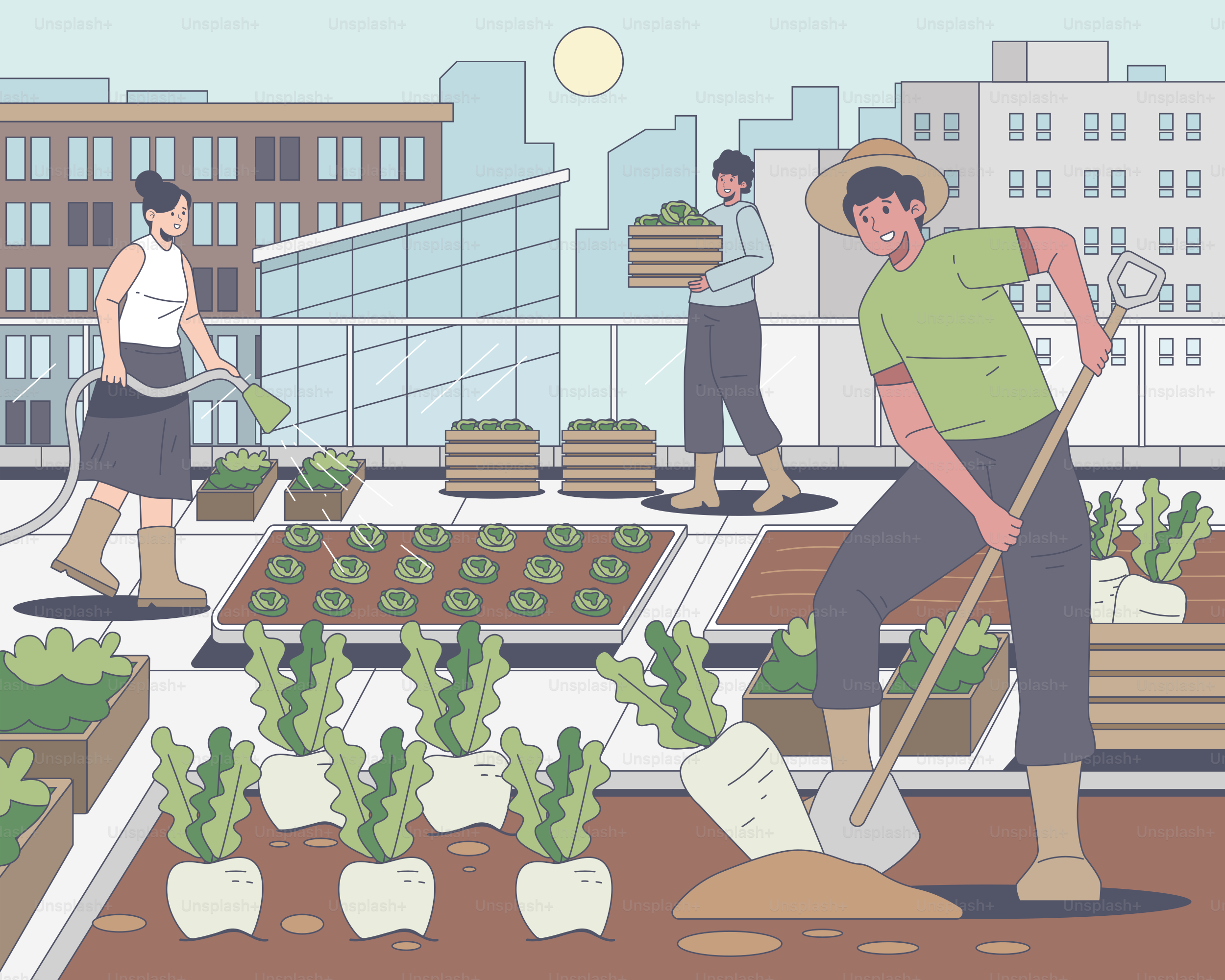 A group of people working on a rooftop garden