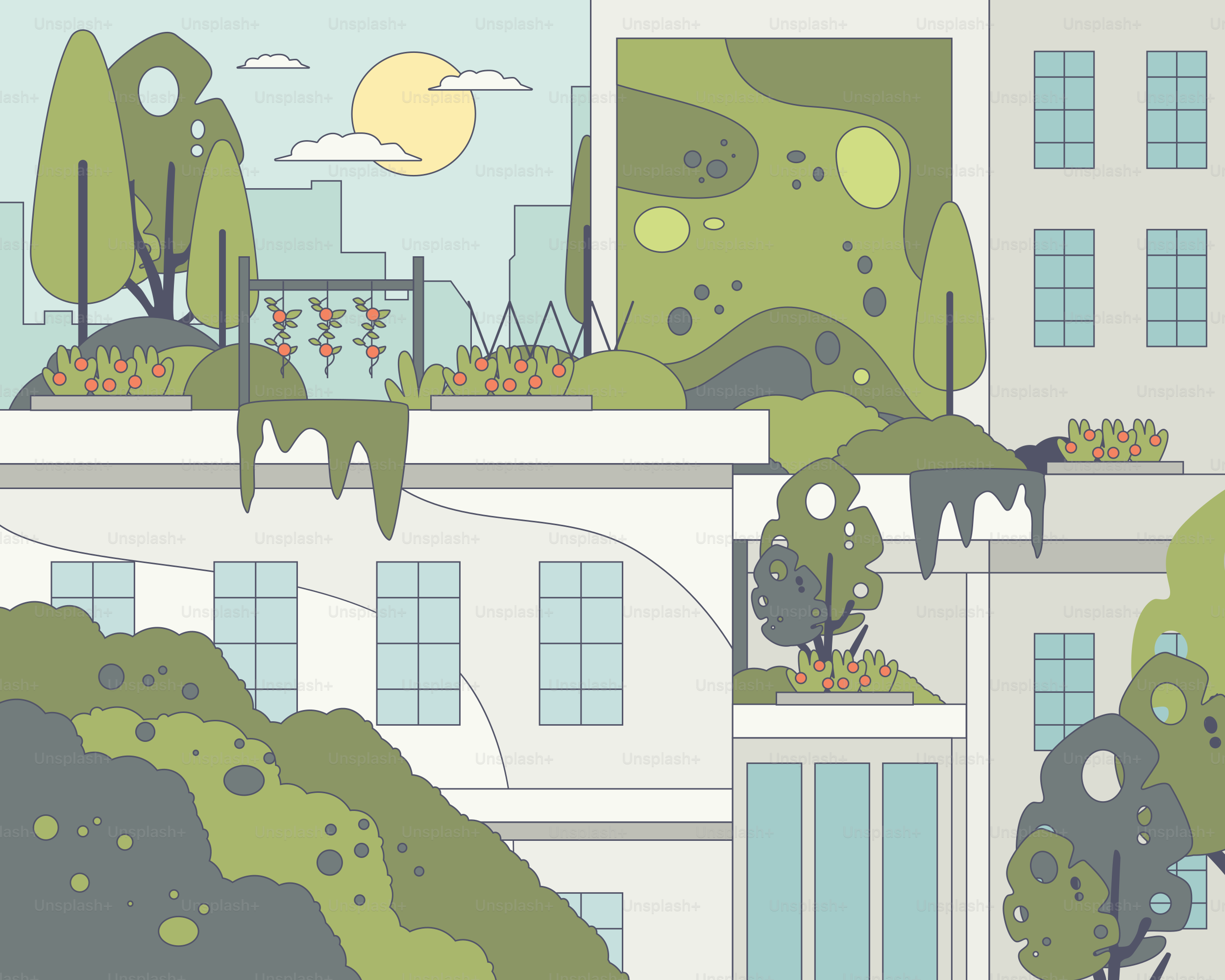 Eine Zeichnung einer Stadt mit Bäumen und Gebäuden