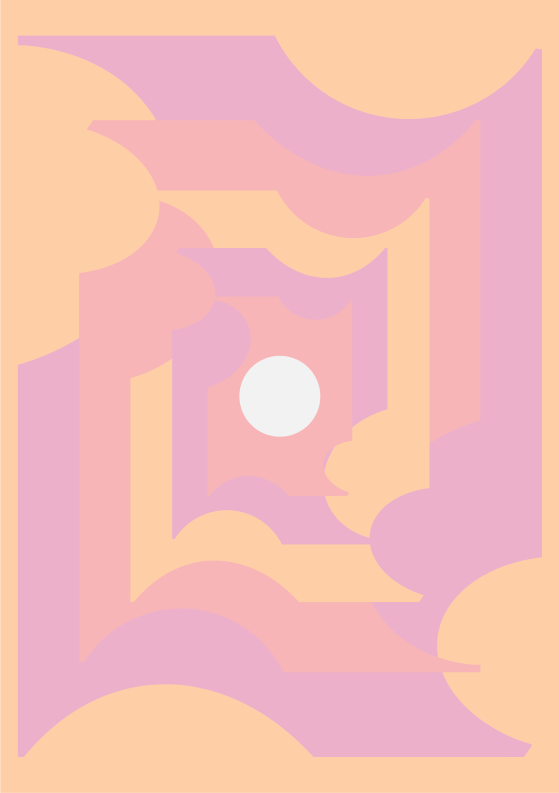 A pink and yellow square with a white dot in the center