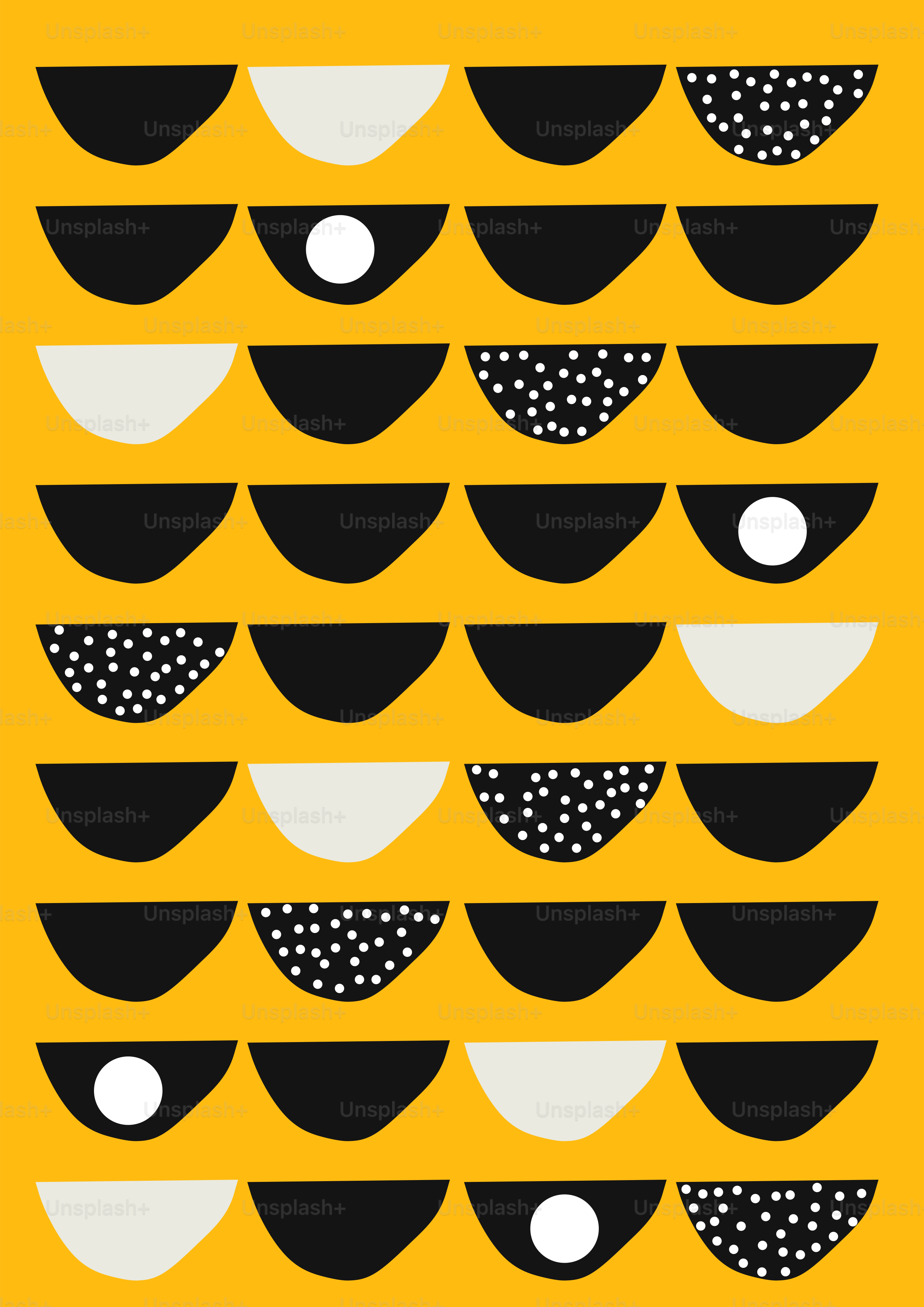 A yellow poster with black and white shapes
