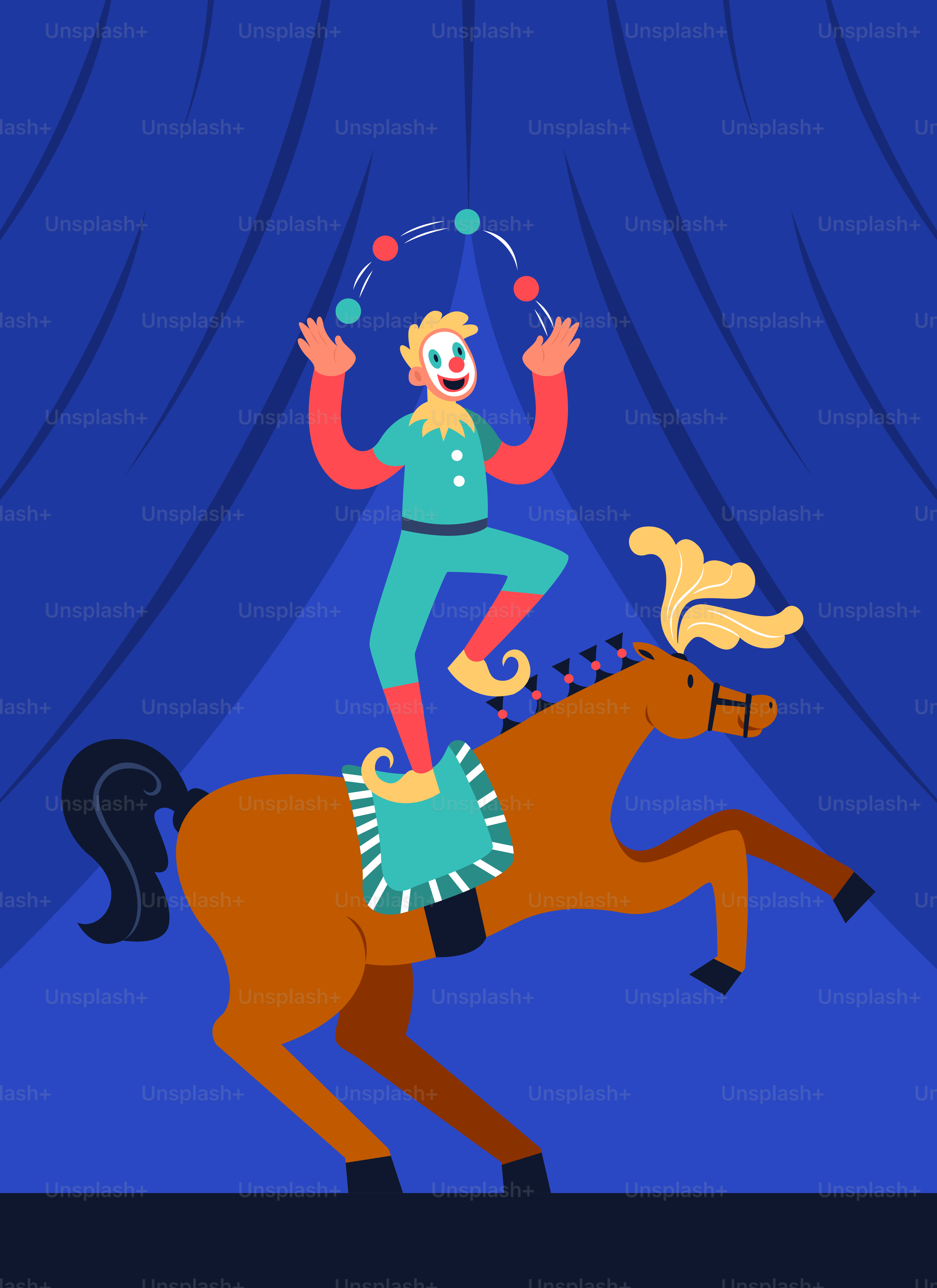 A clown riding on the back of a brown horse