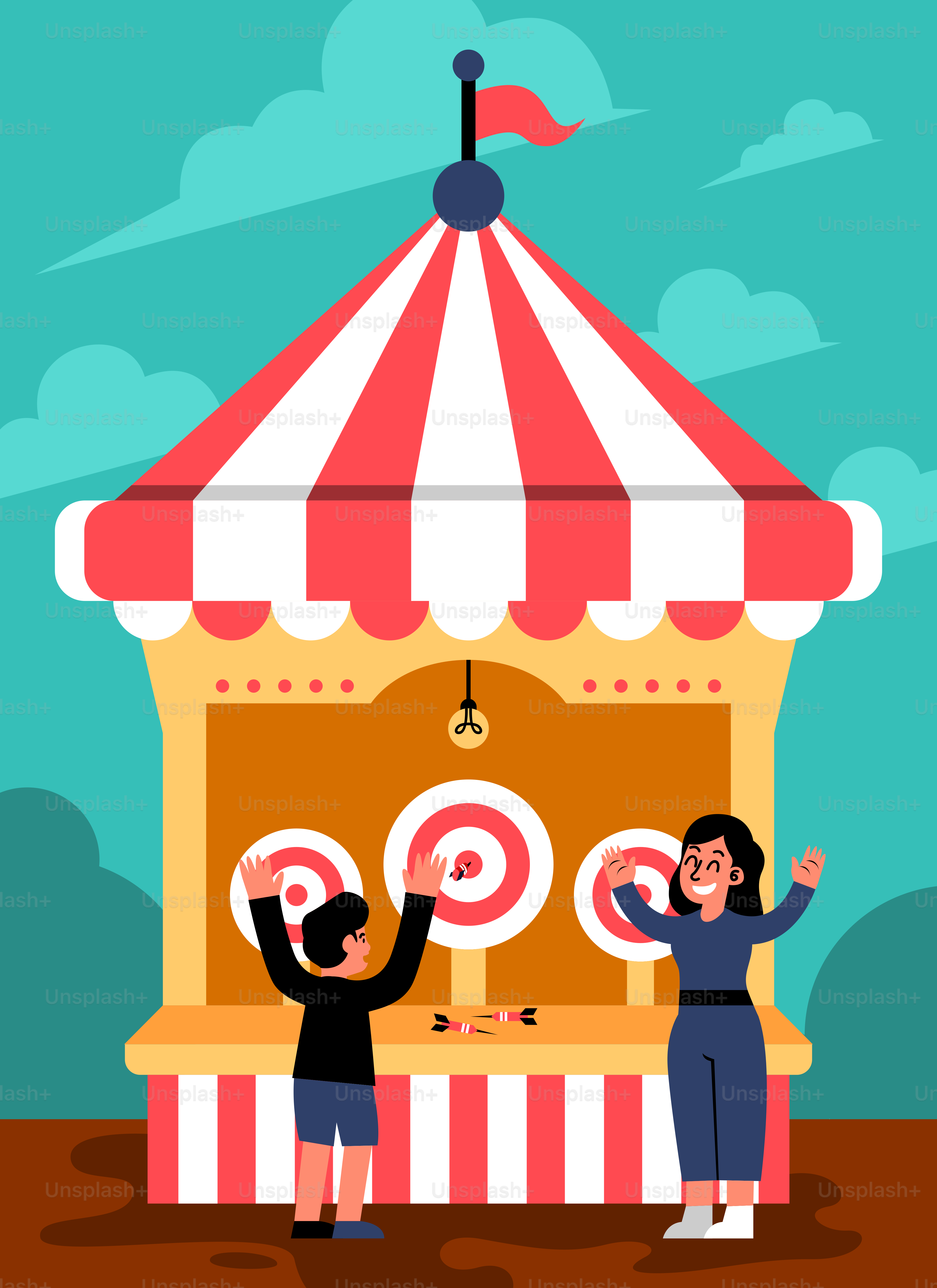 A couple of people standing in front of a carnival booth