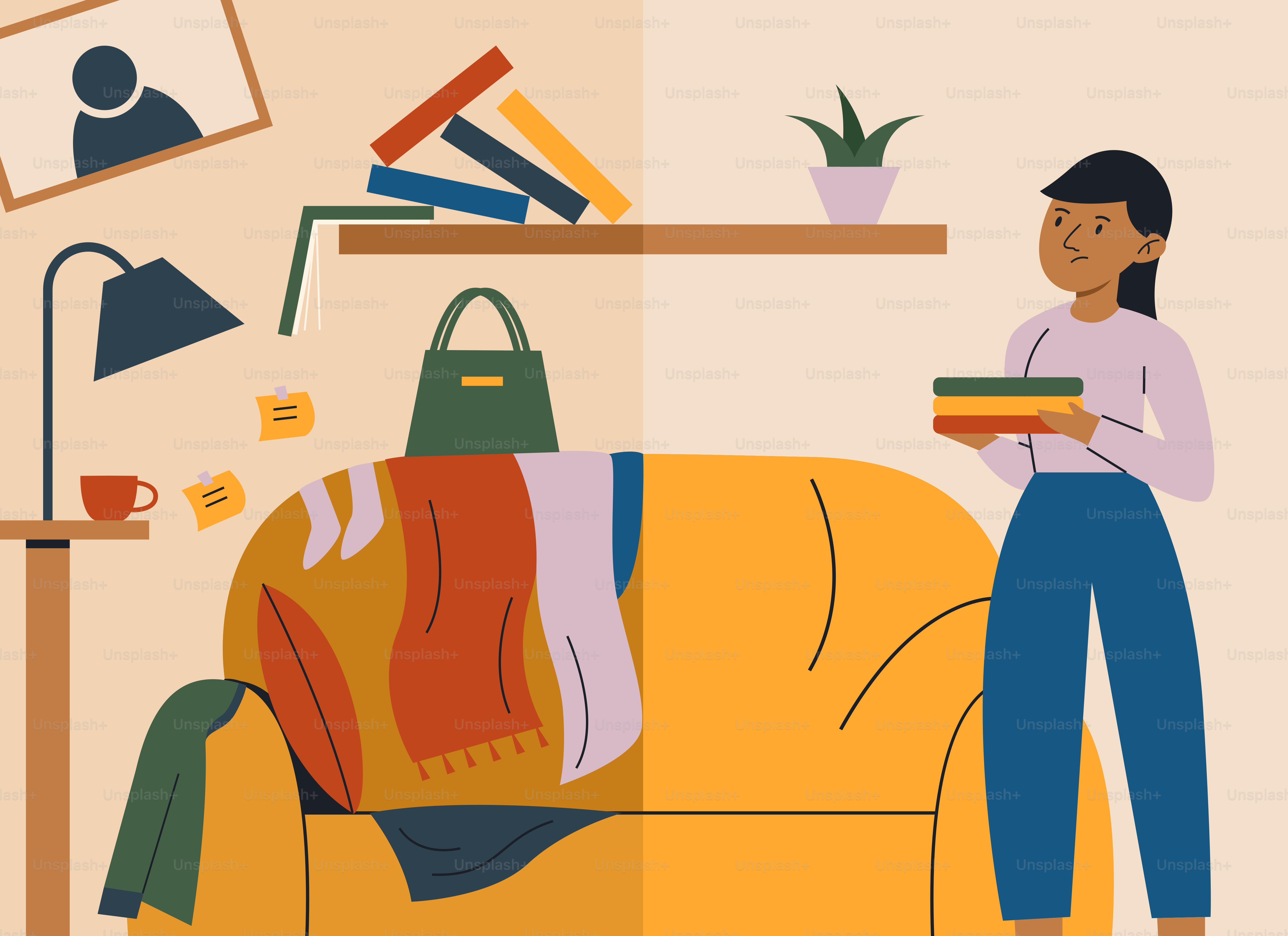 A woman standing next to a yellow couch