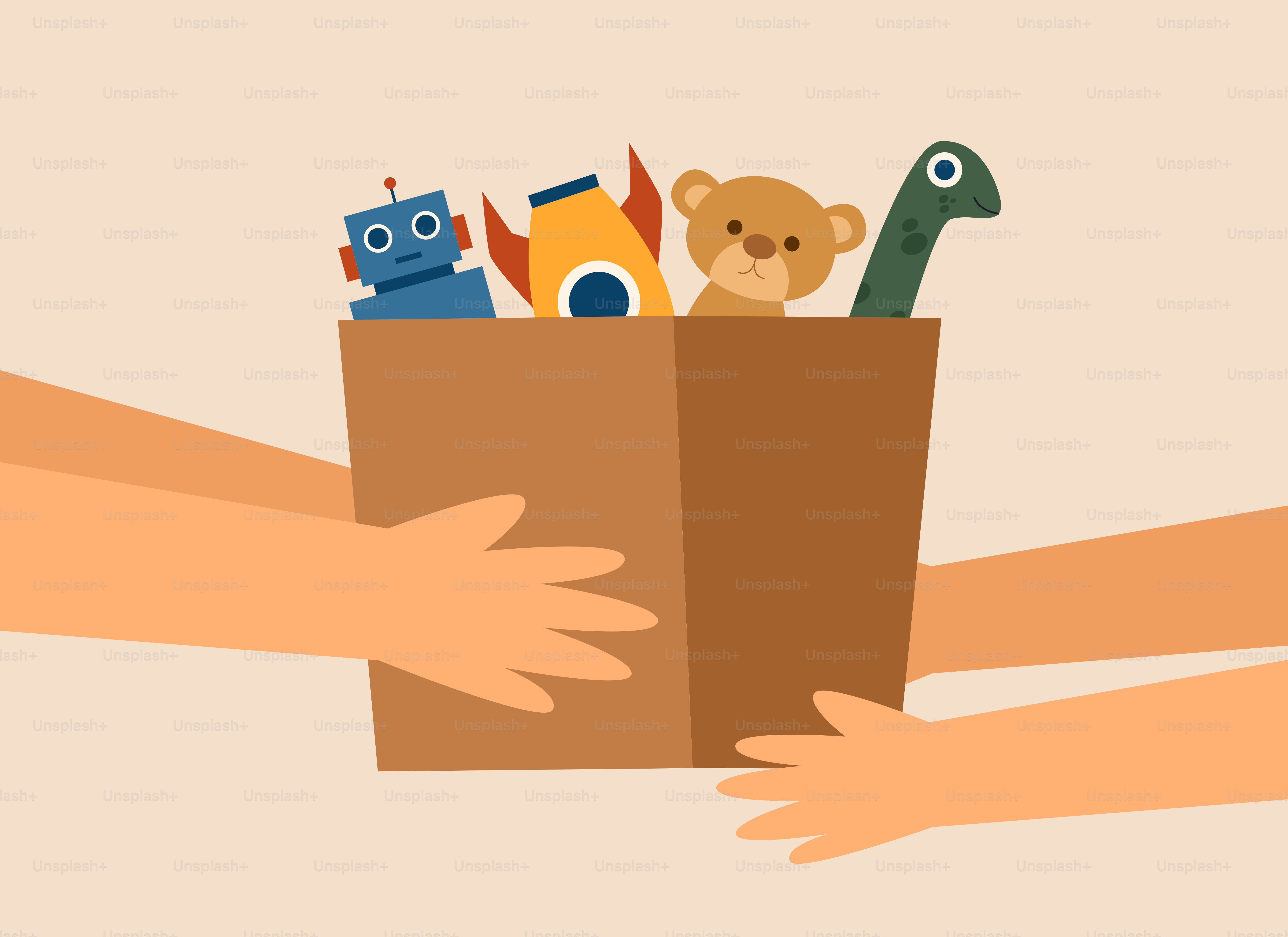 Two hands holding a cardboard box filled with toys