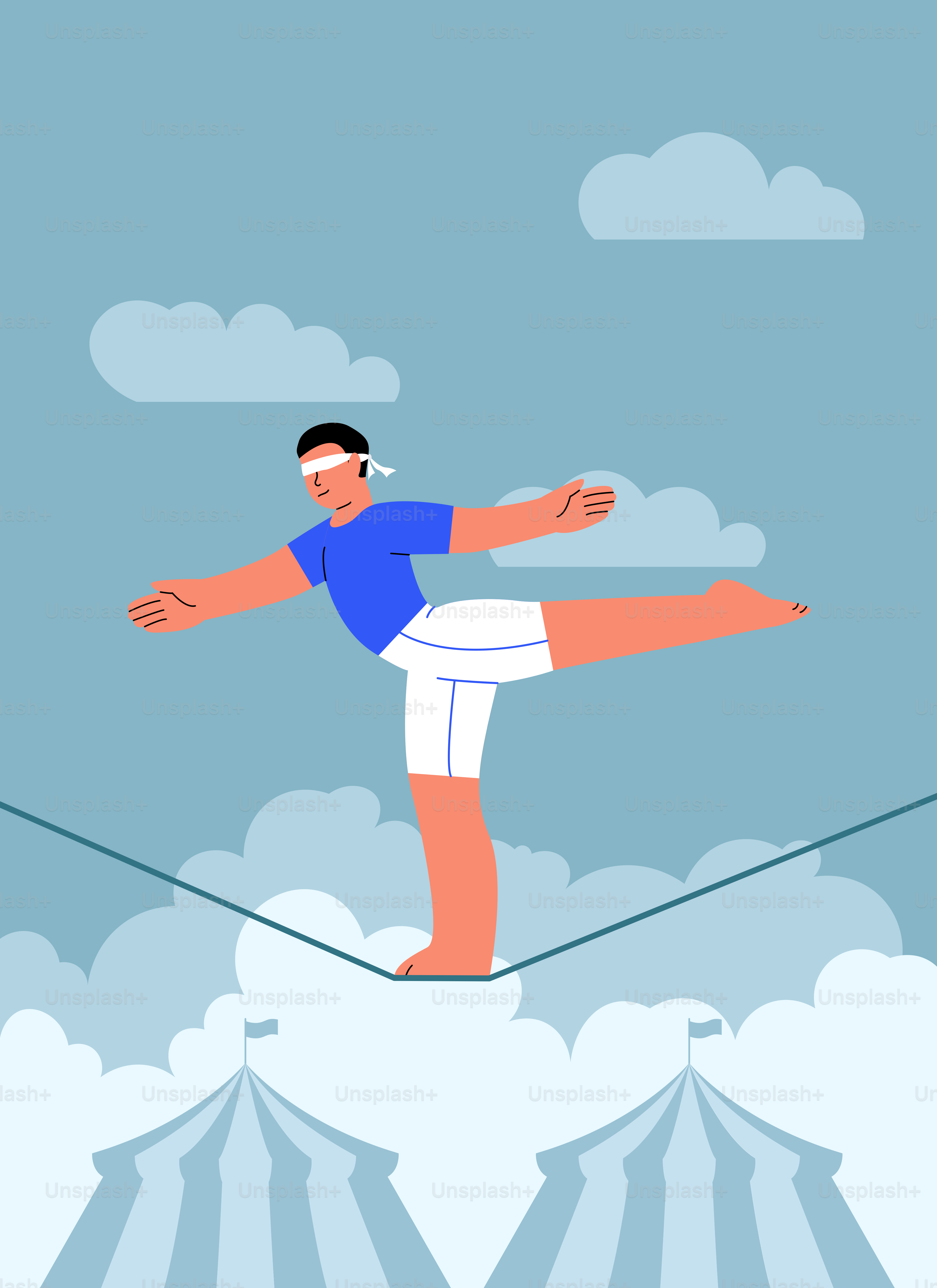 A man balances on a tightrope above a crowd of people
