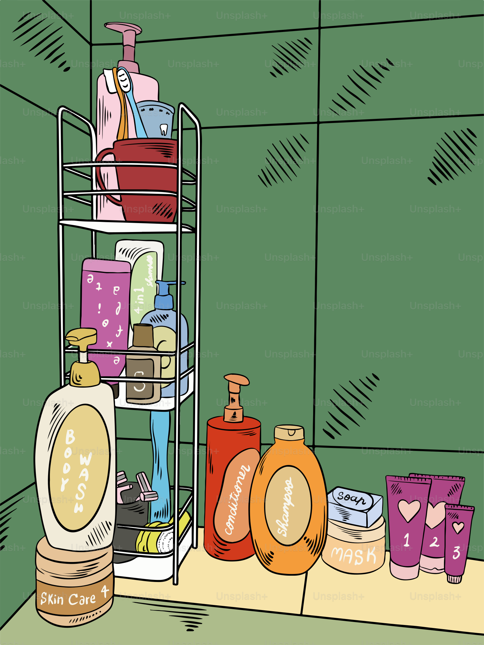 A bathroom with a shelf filled with lots of toiletries