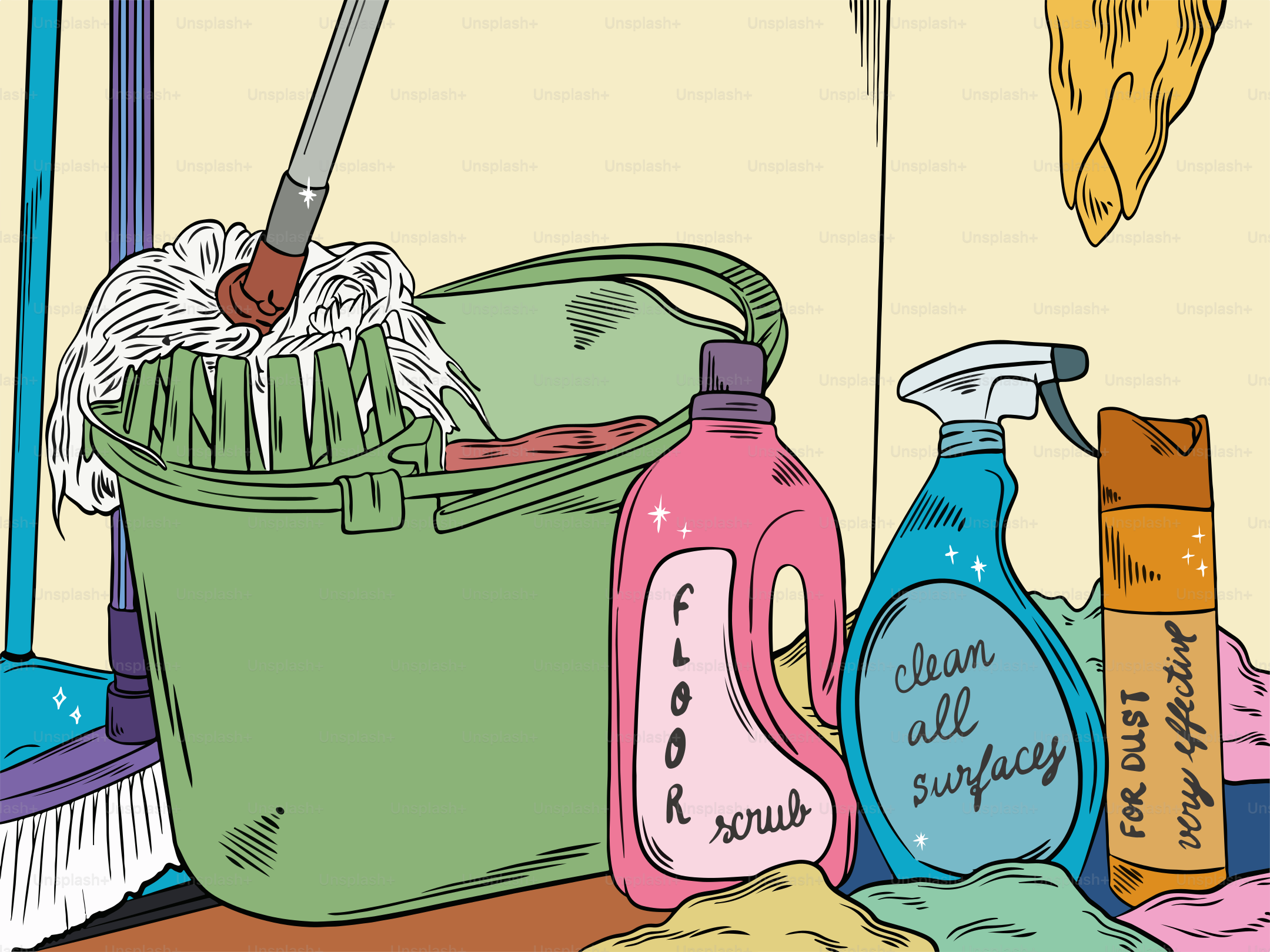 A pile of cleaning supplies sitting on top of a table