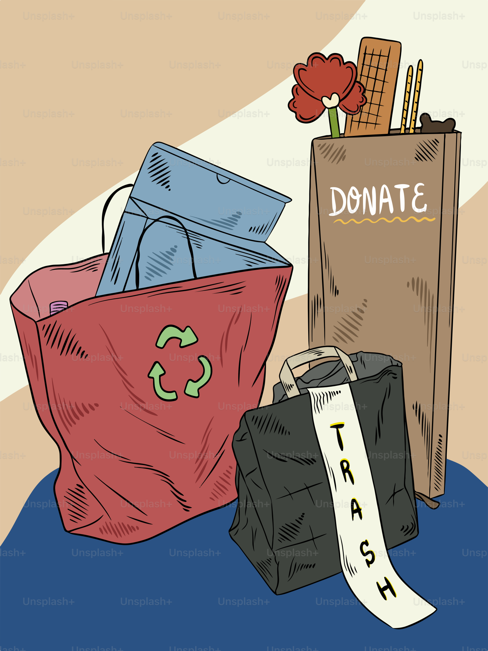 A pile of bags sitting on top of a blue floor