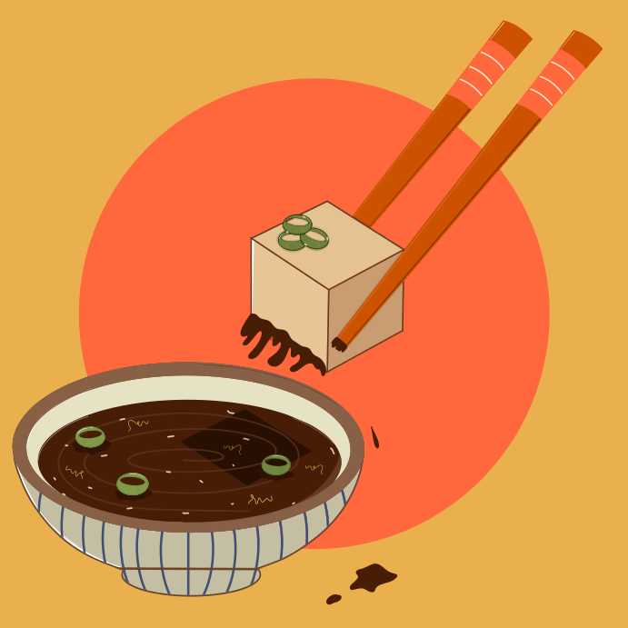 A bowl of soup with chopsticks sticking out of it