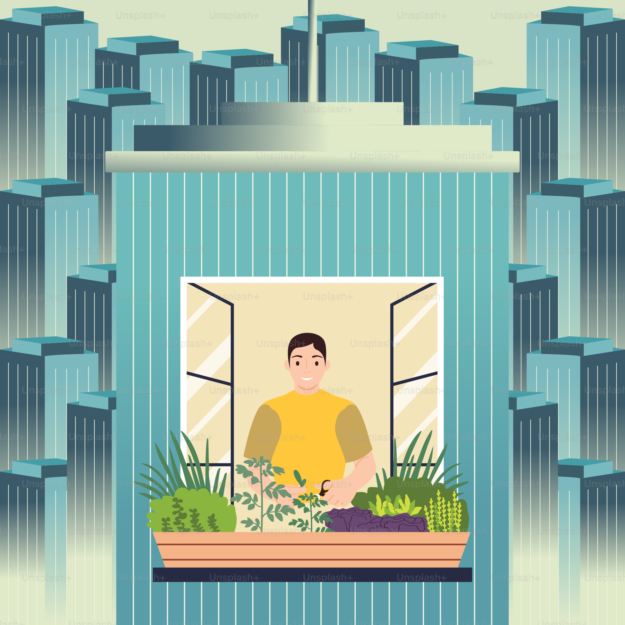 A man standing in a window with a plant in front of him