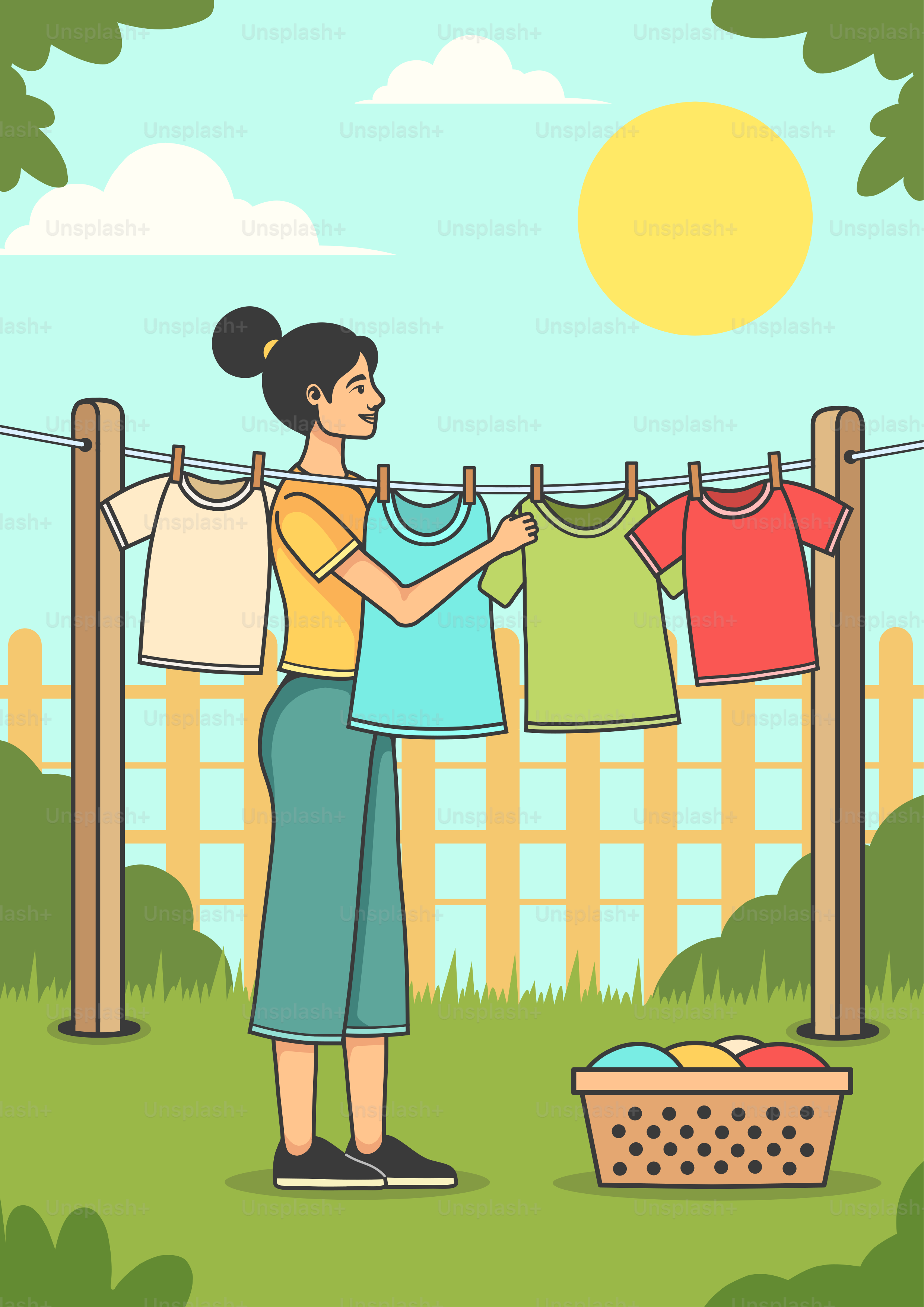 Uma mulher pendurando suas roupas em um varal