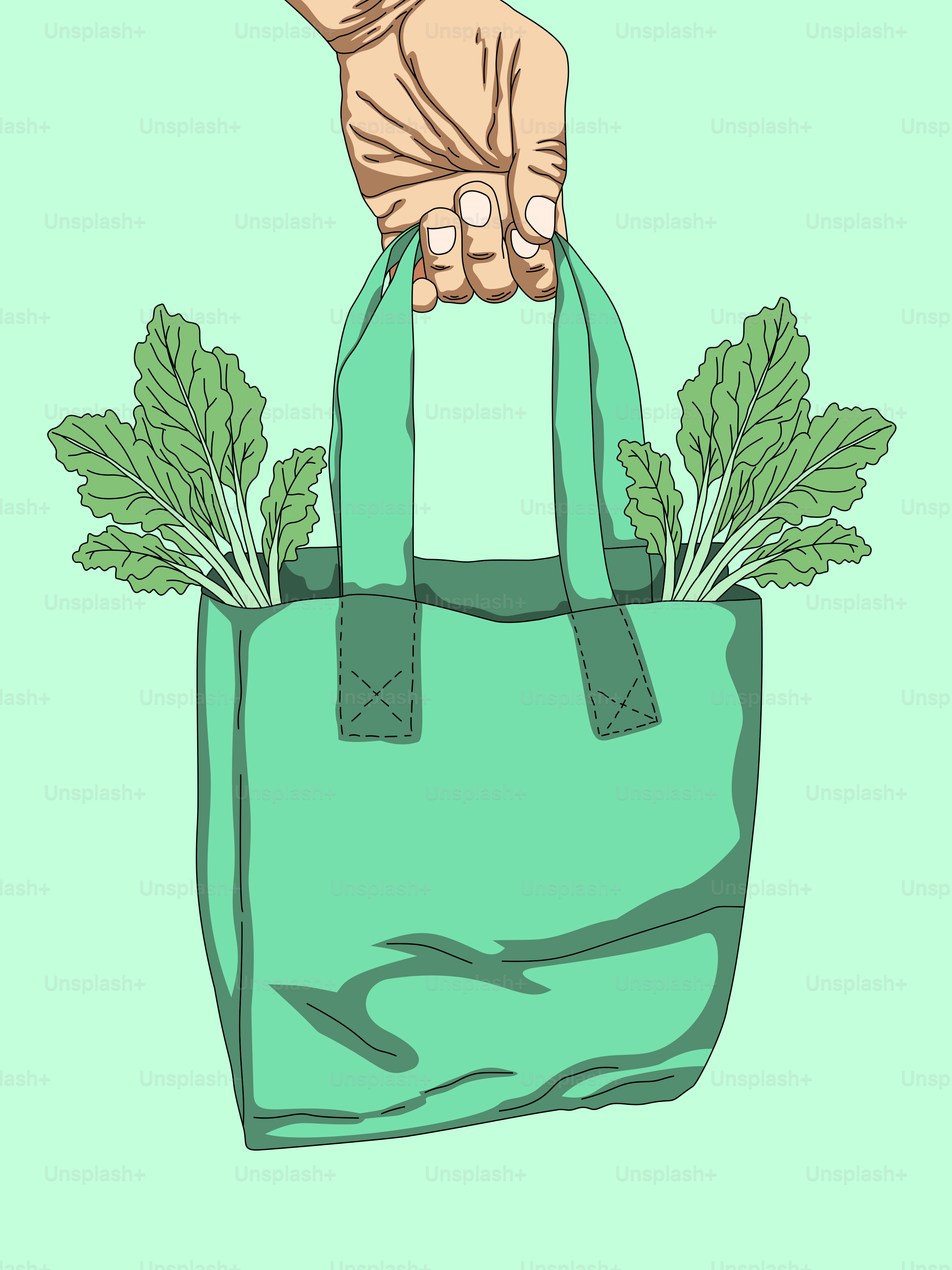 Eine Hand, die eine grüne Tasche mit einer Pflanze darin hält