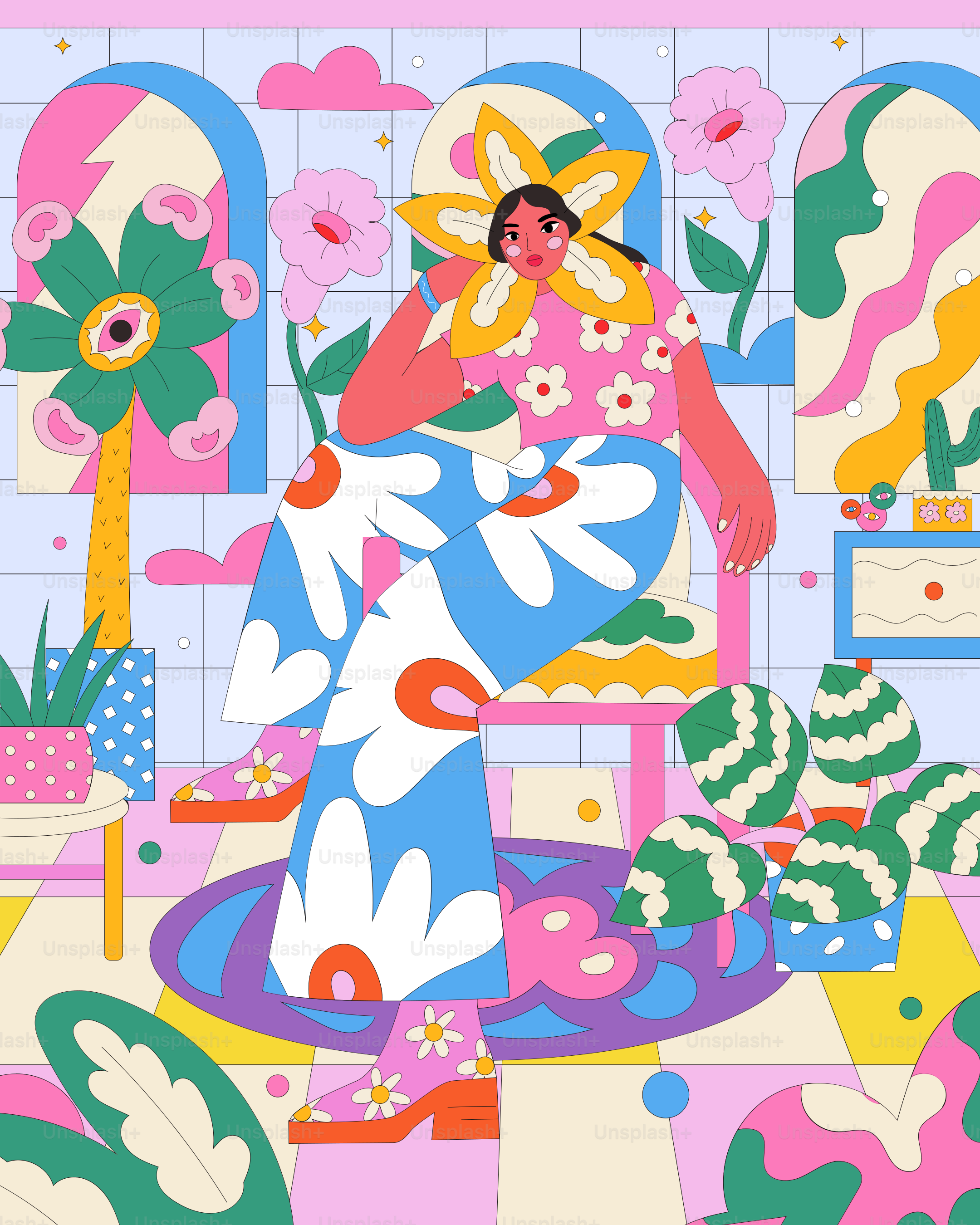 A painting of a woman sitting in a chair surrounded by flowers