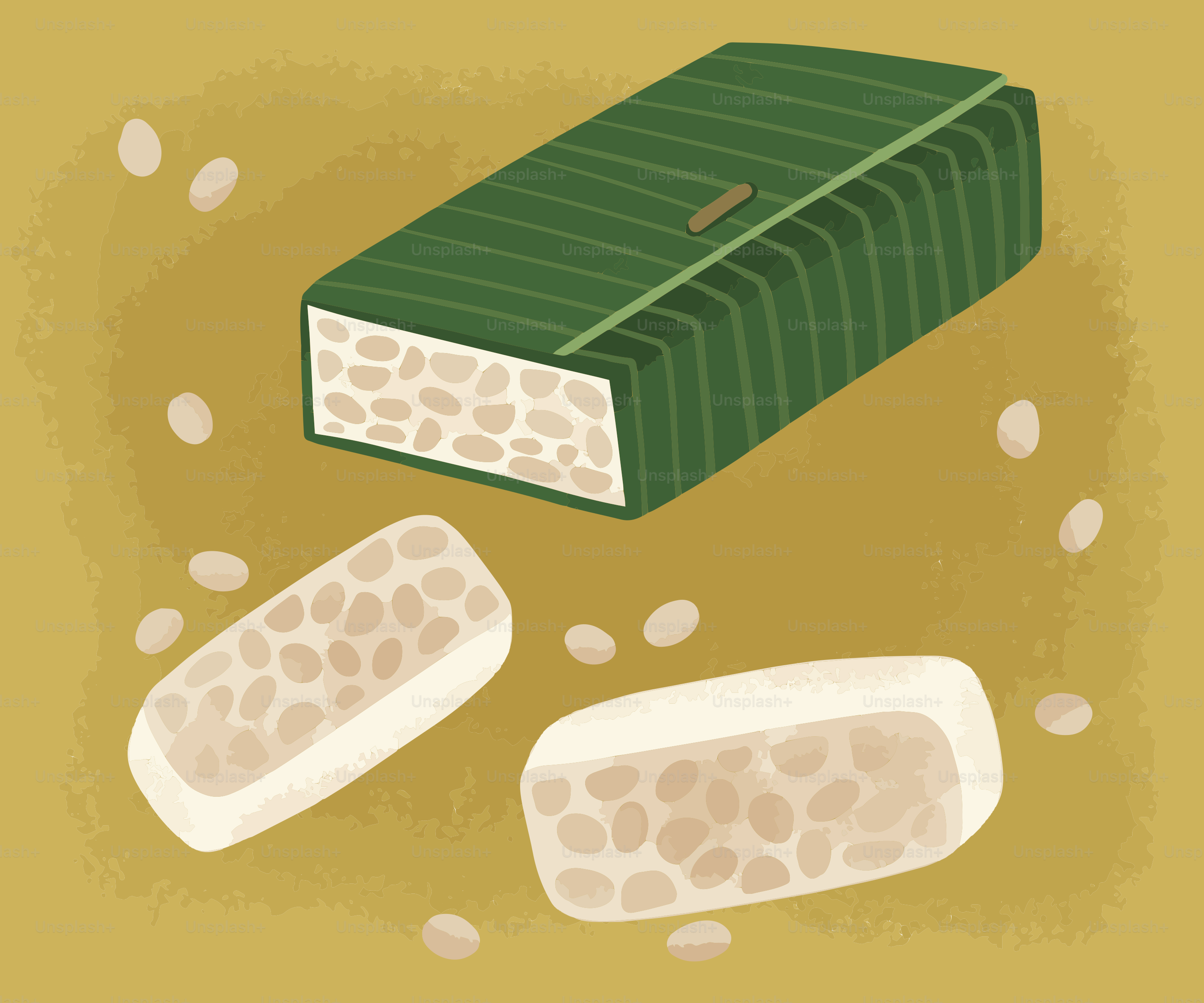 A green box and two white pills on a brown background