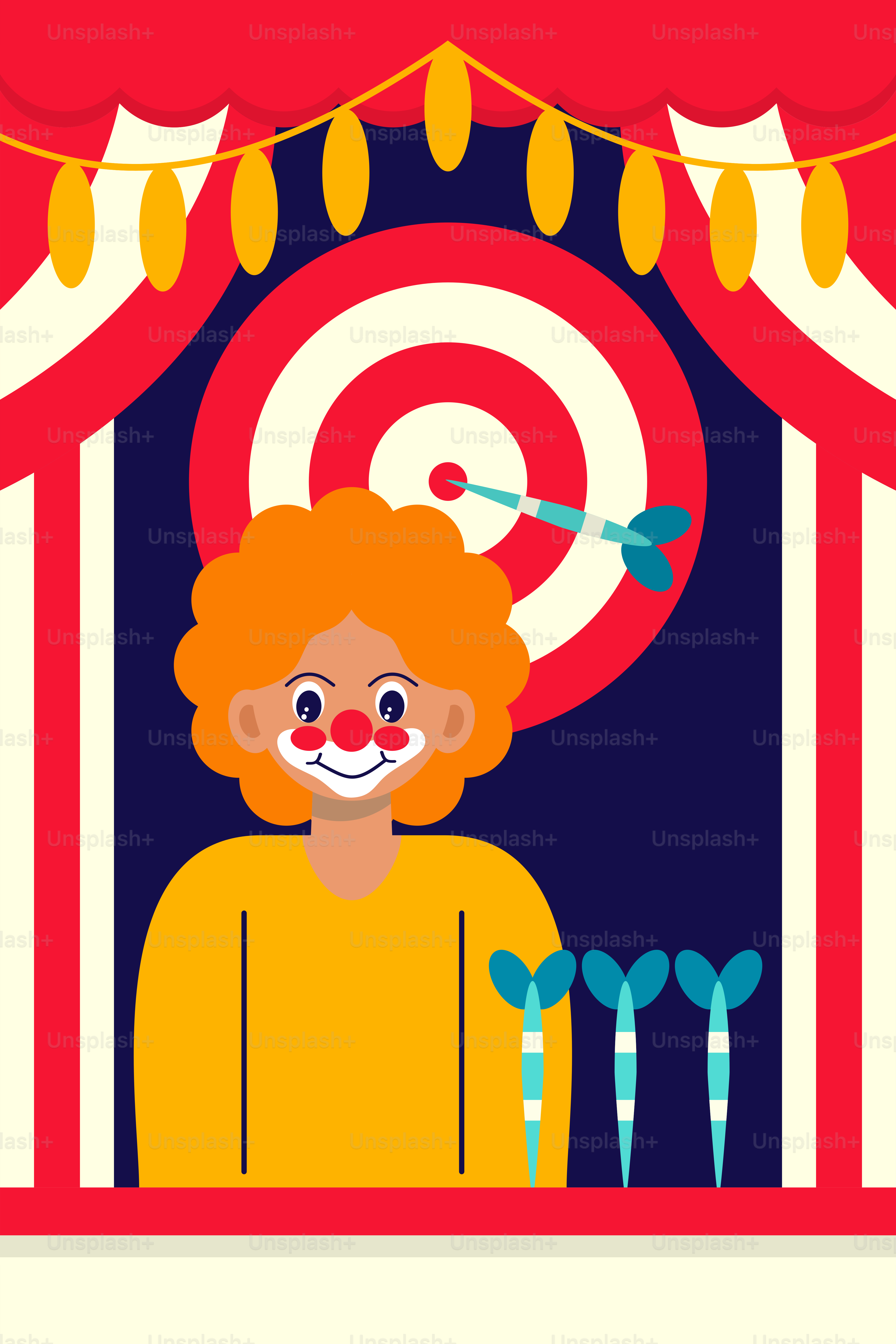 A clown is standing in front of a target