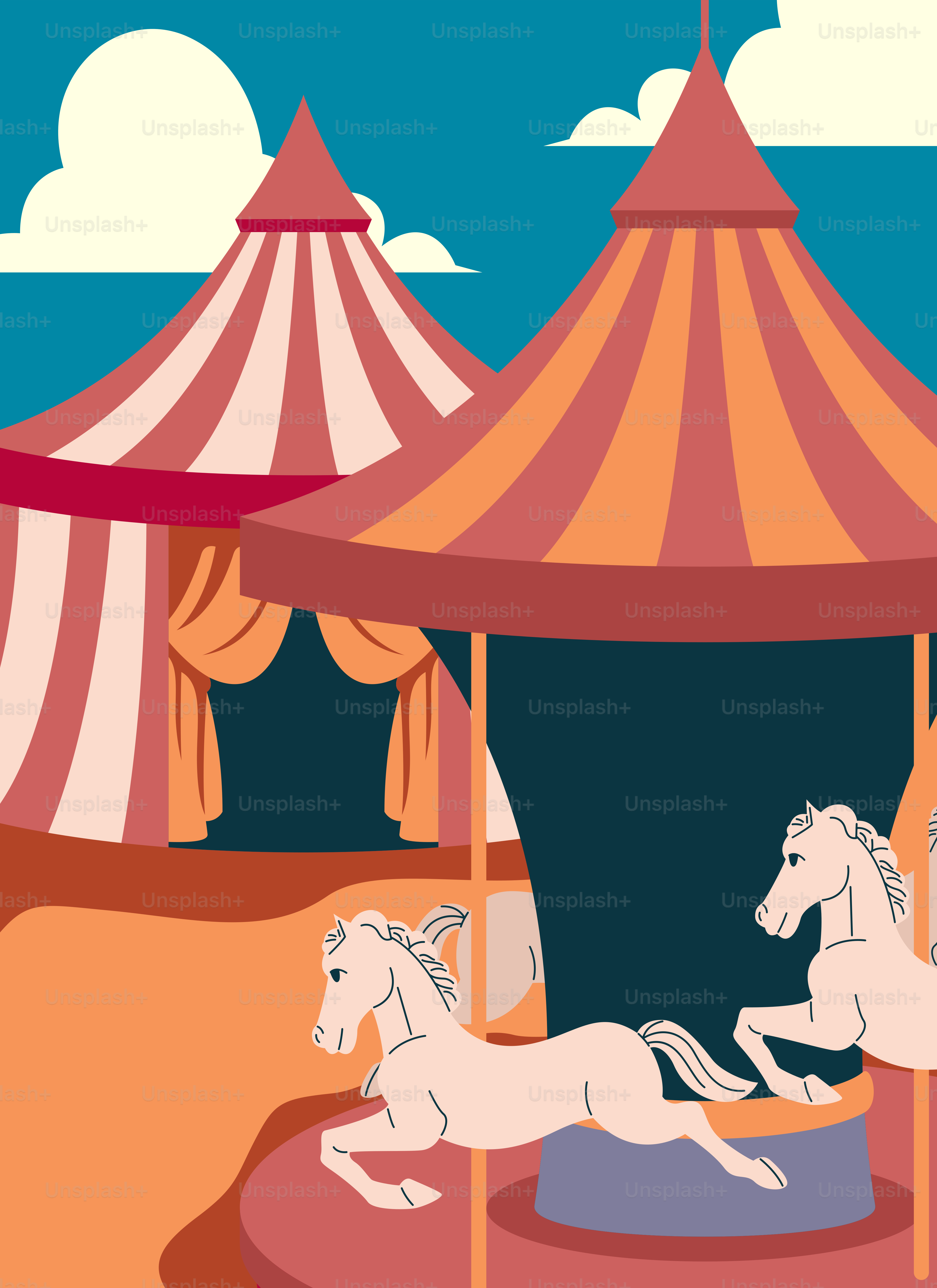 A circus tent with two horses on a carousel