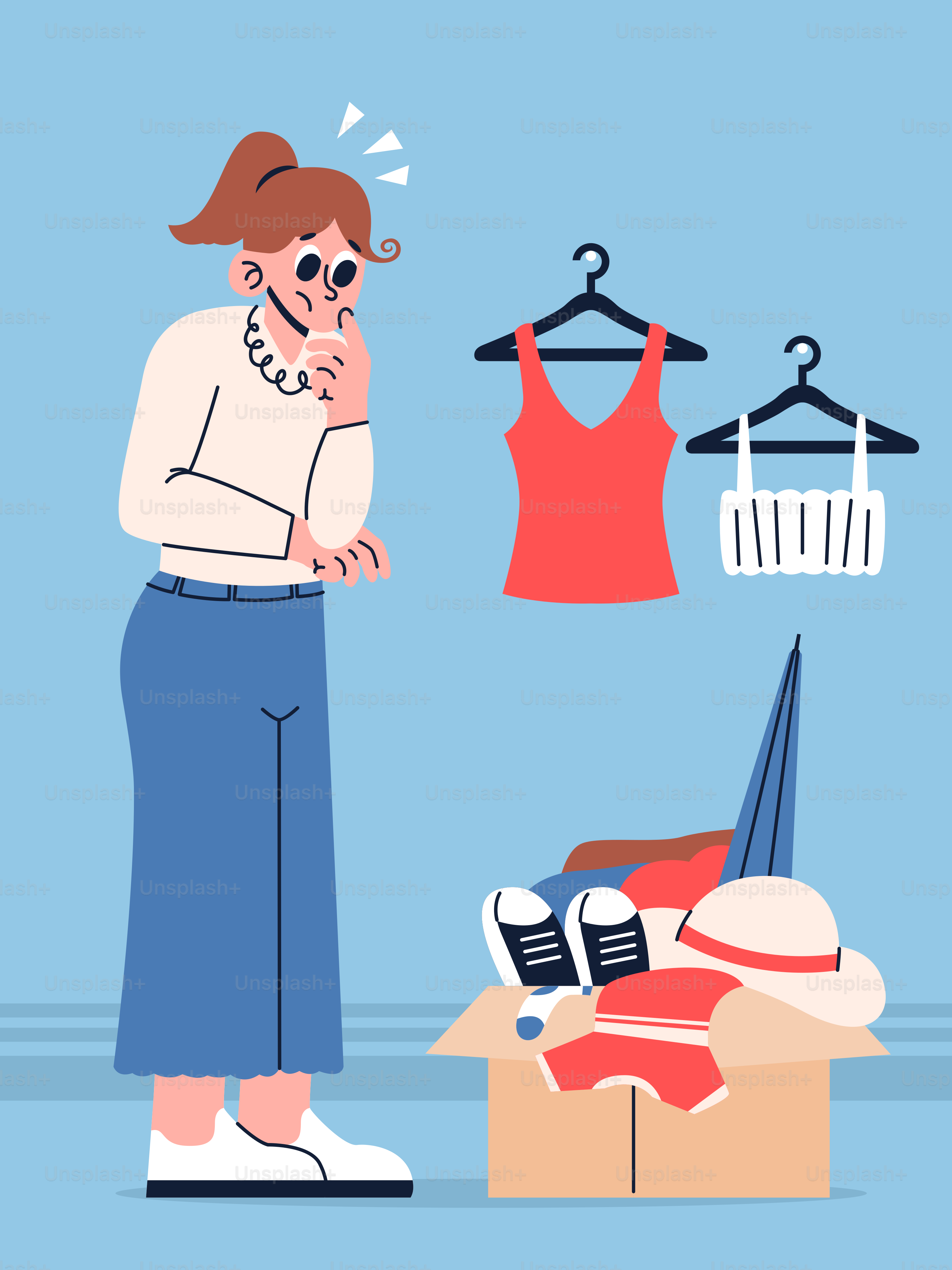 A woman standing next to a box of clothes