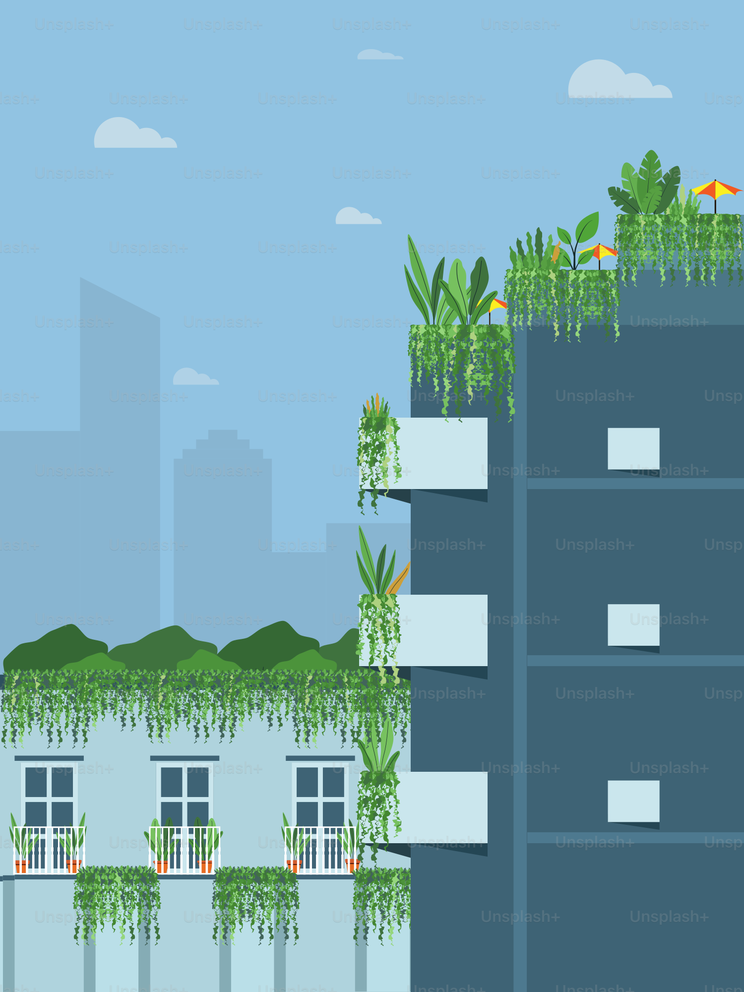 A tall building with plants growing on top of it