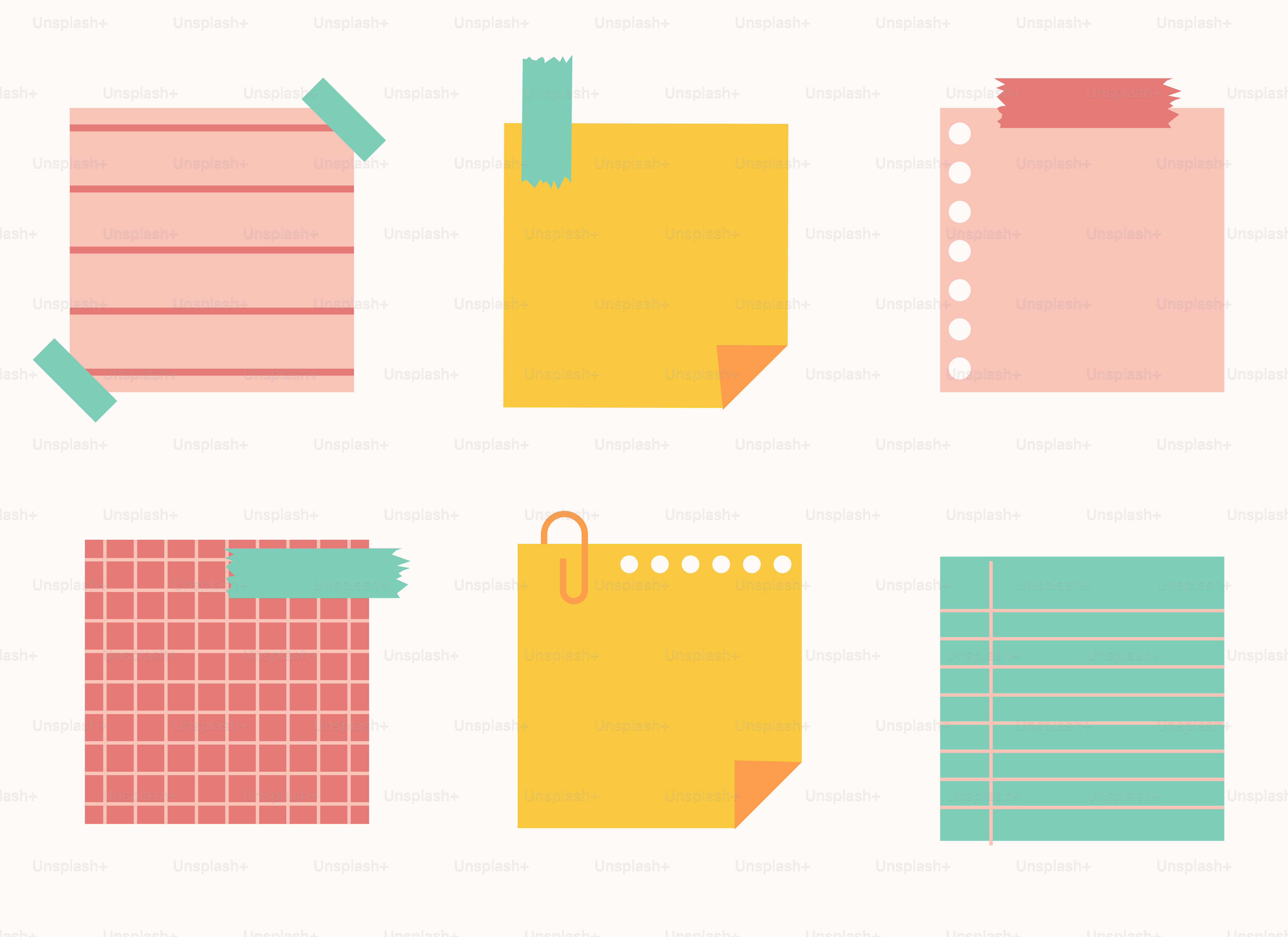 A set of different colored sticky notes on a white background