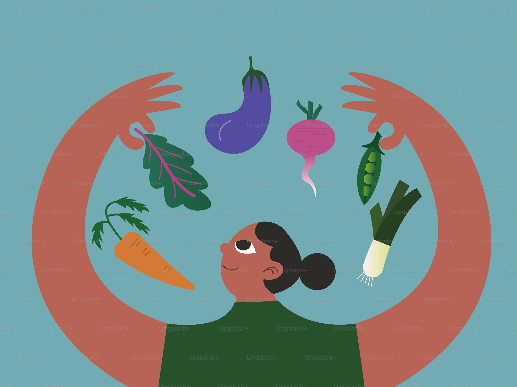 Una mujer con las manos en alto rodeada de verduras