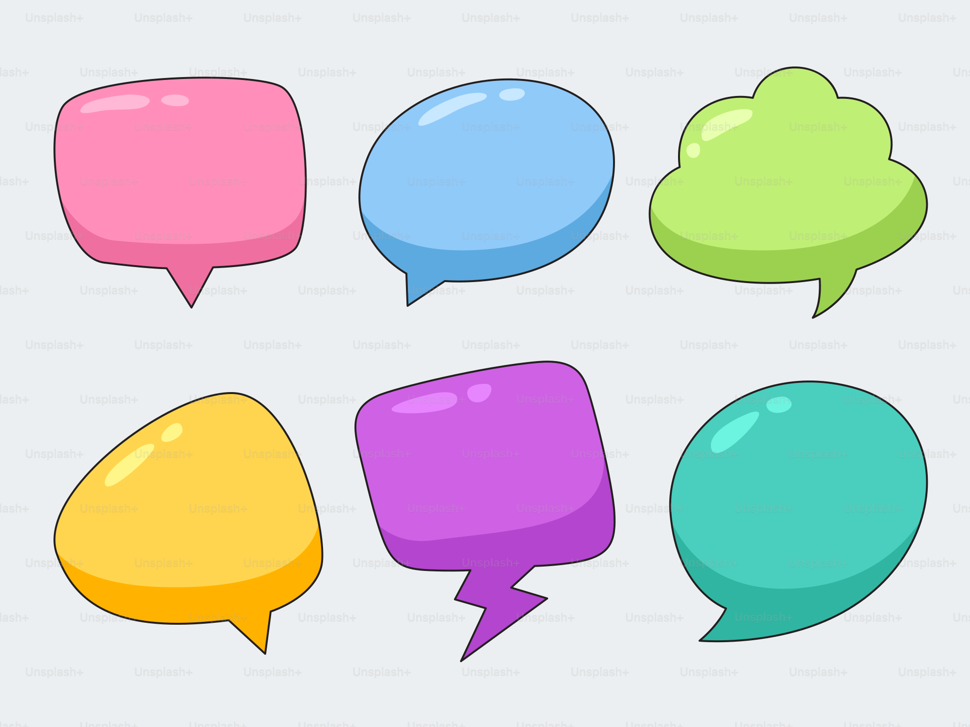A group of different colored speech bubbles