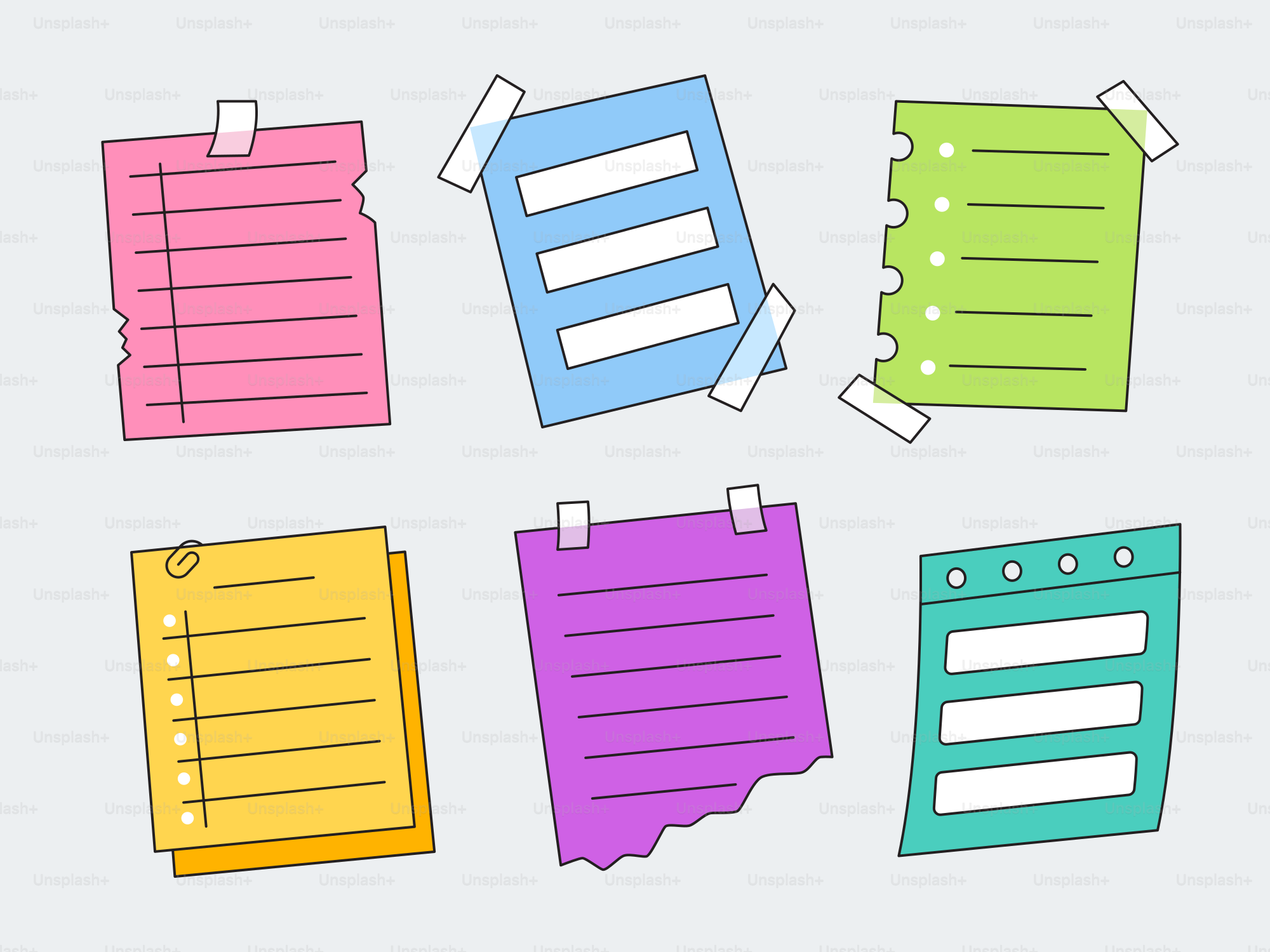 A set of four colored sticky notes with pins on them