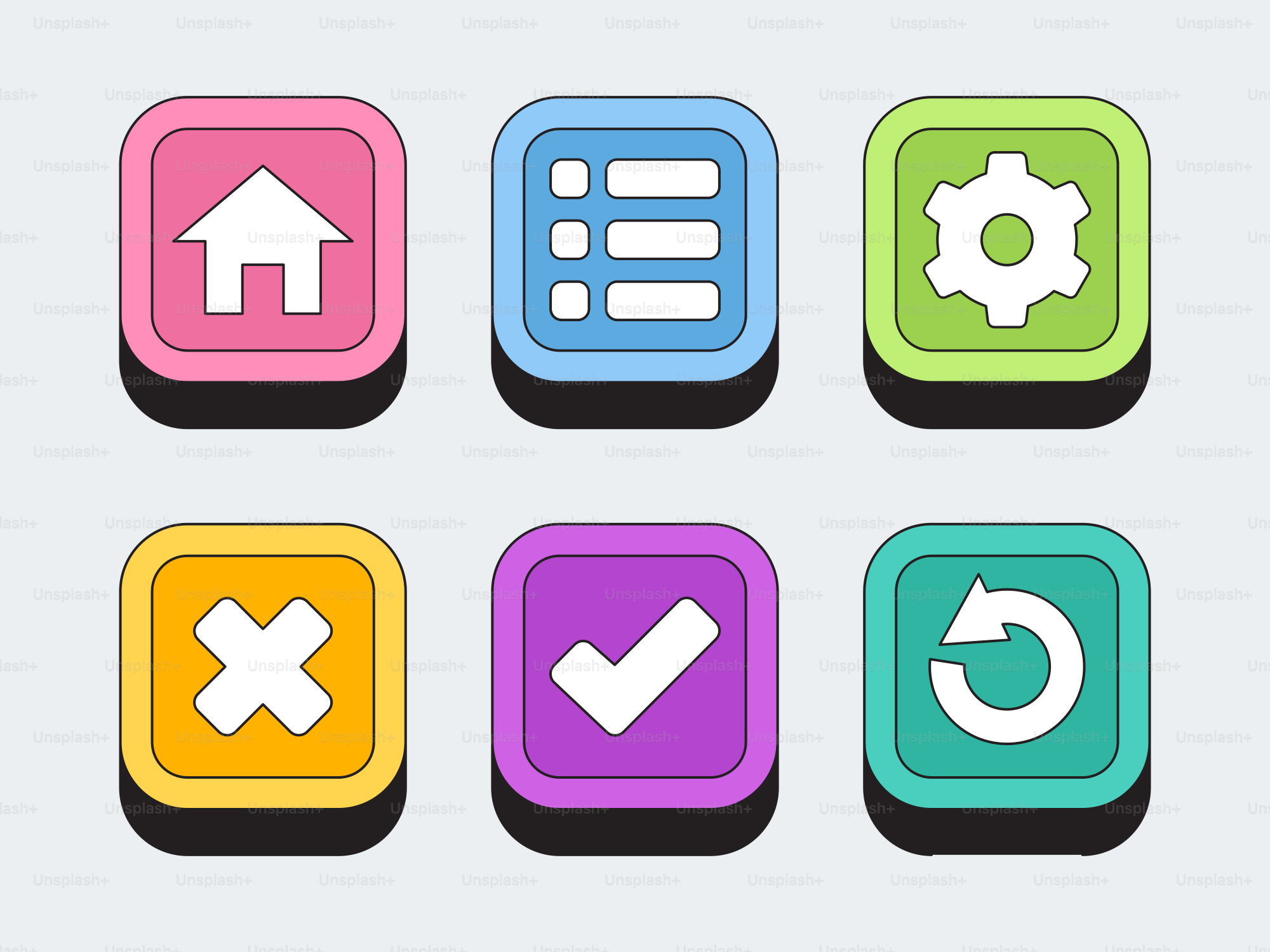 A set of different colored buttons with arrows