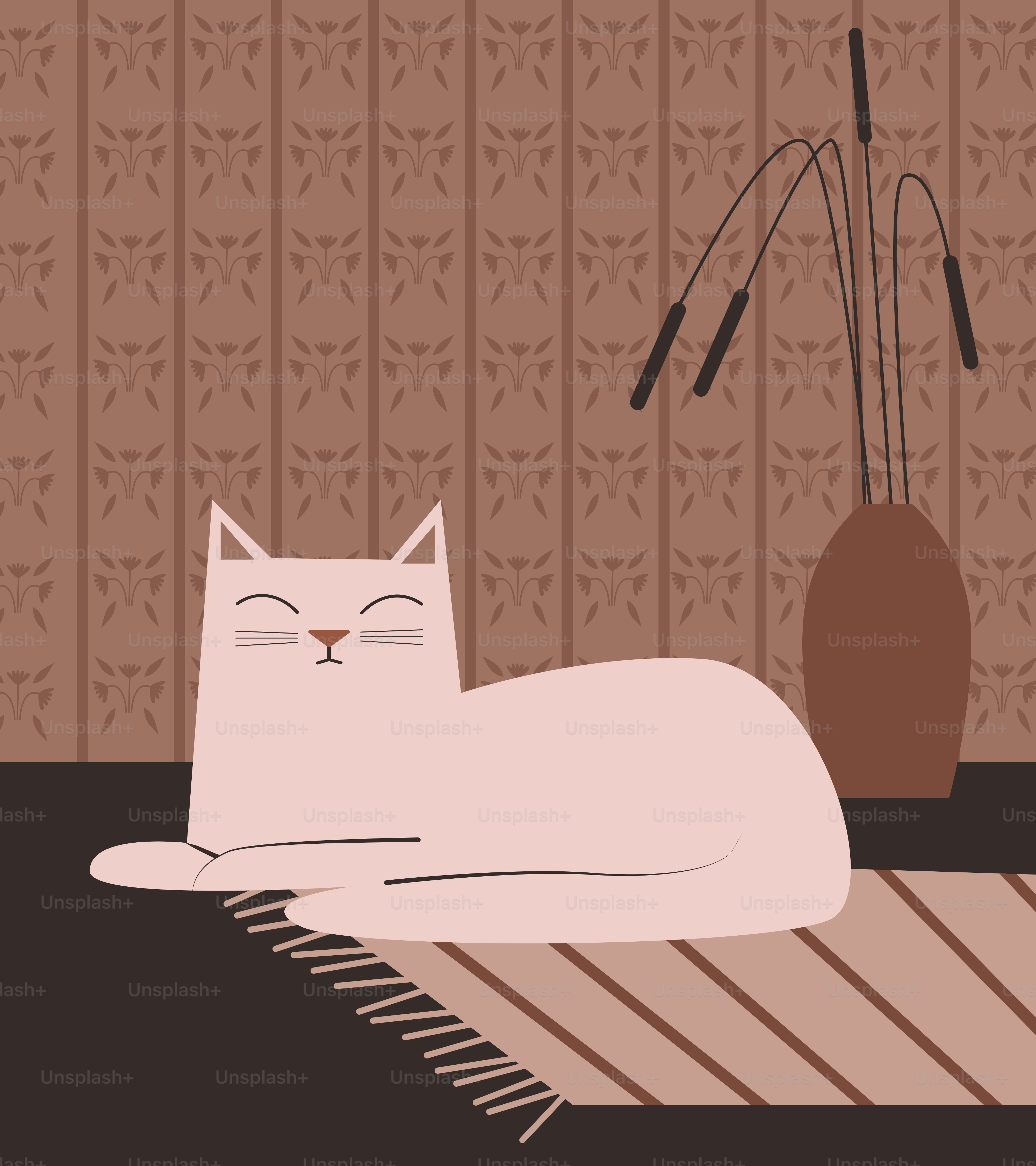 白い猫が敷物の上に横たわっている