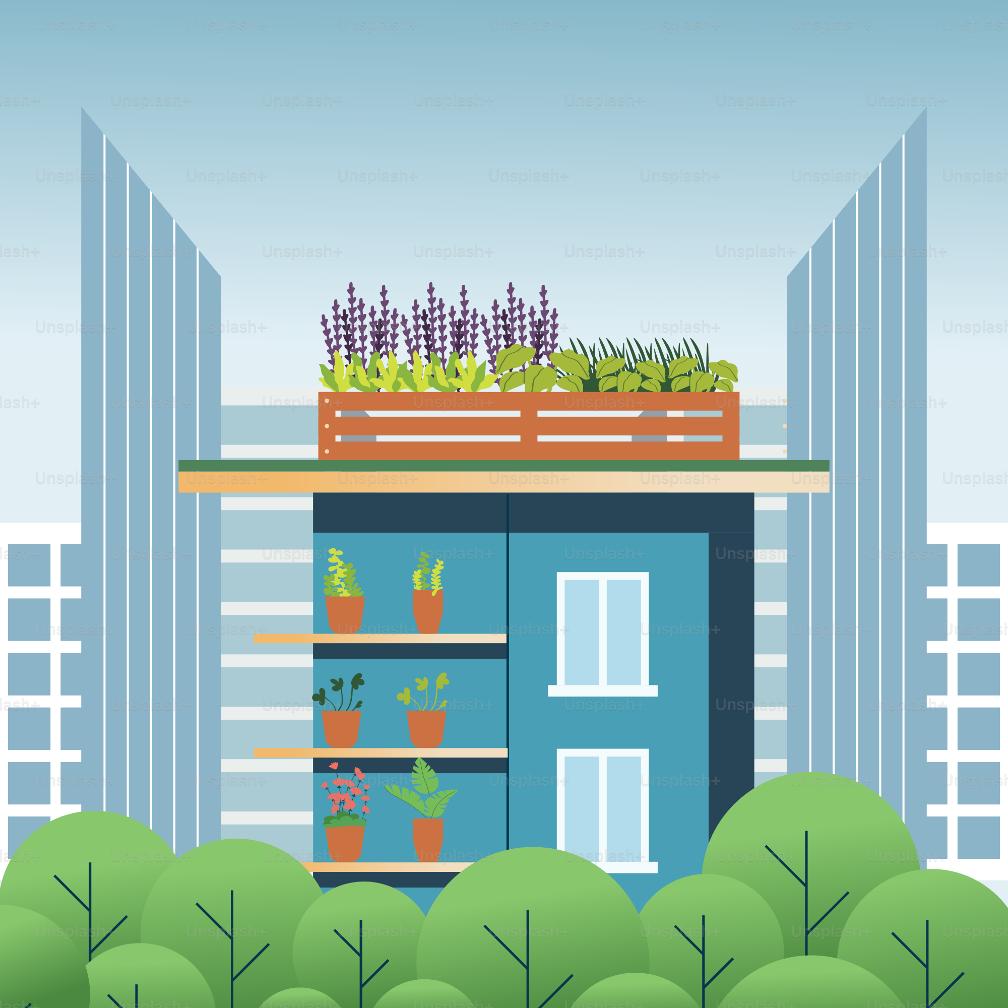 A tall building with plants on top of it