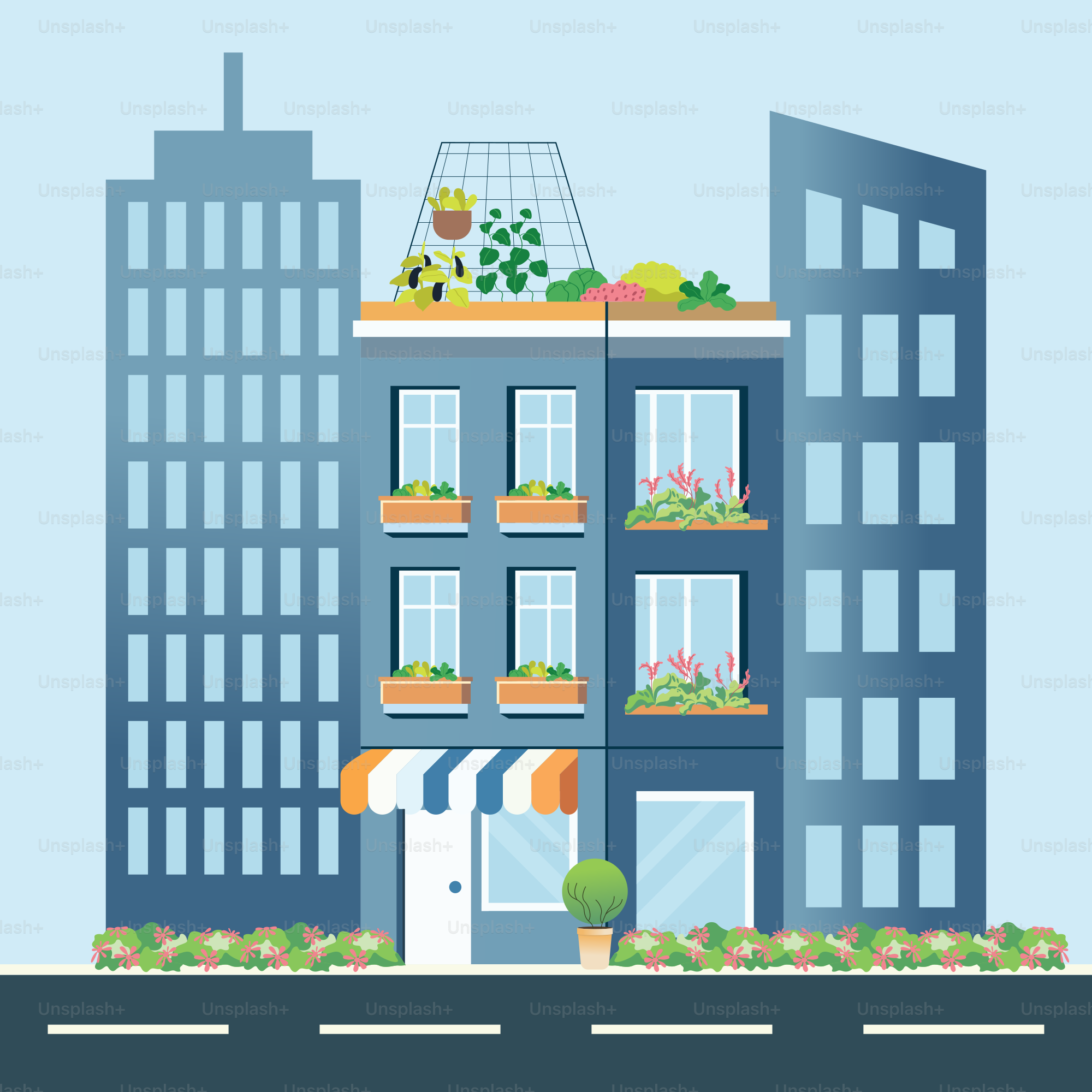 A building with a planter on top of it