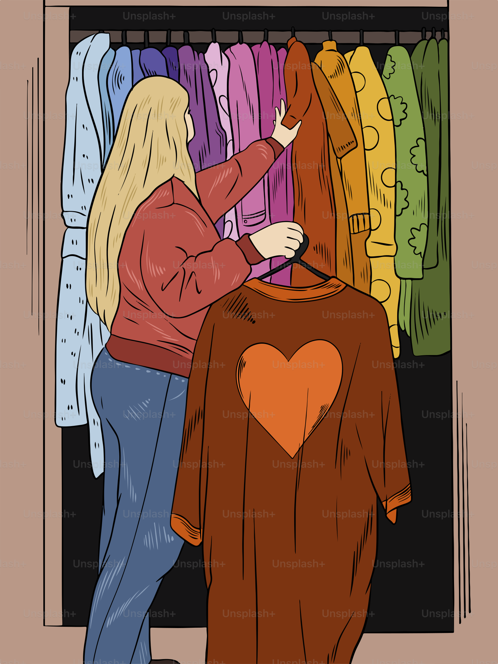 A woman looking at a t - shirt in a closet