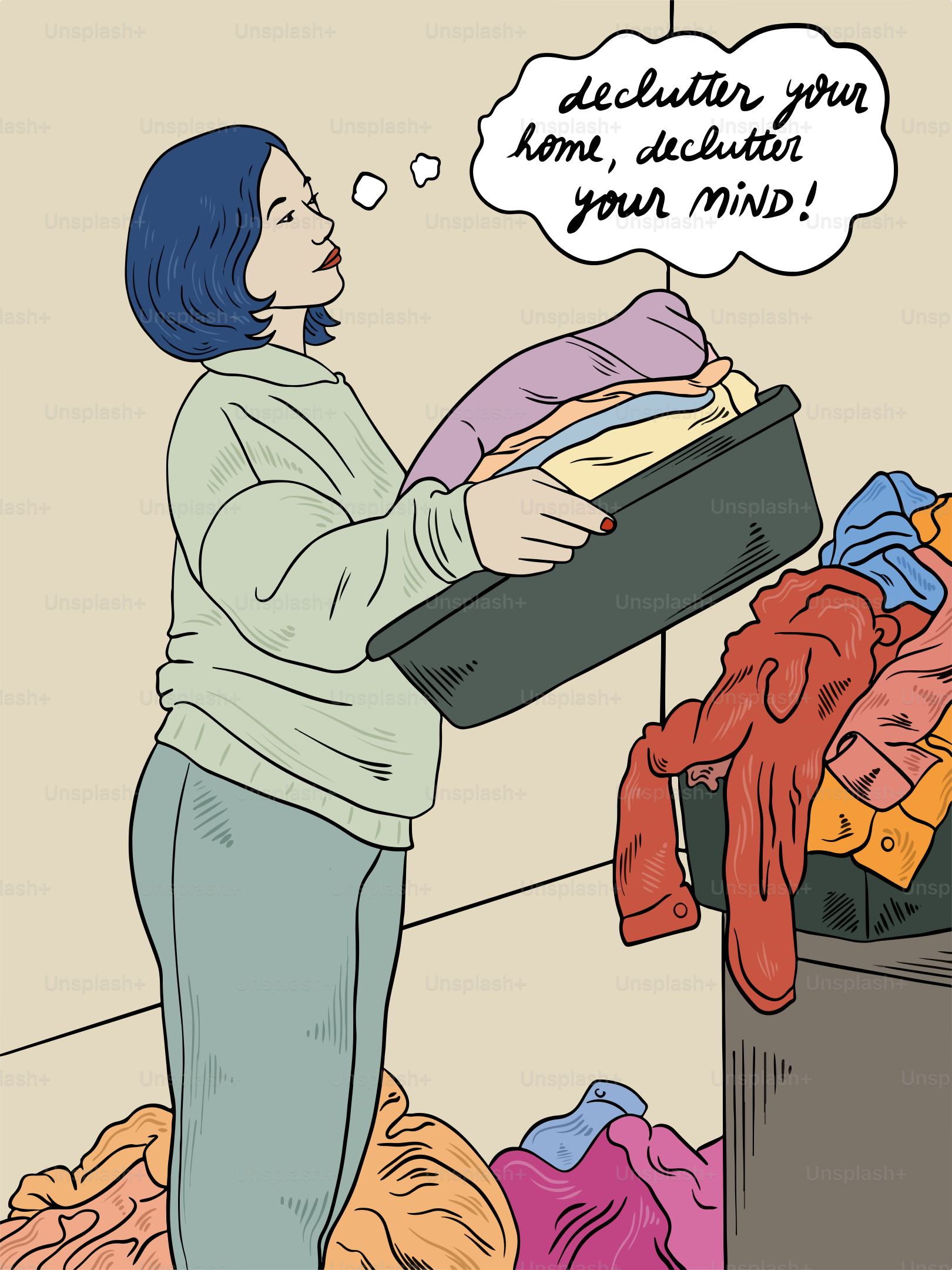 A woman standing in front of a pile of clothes