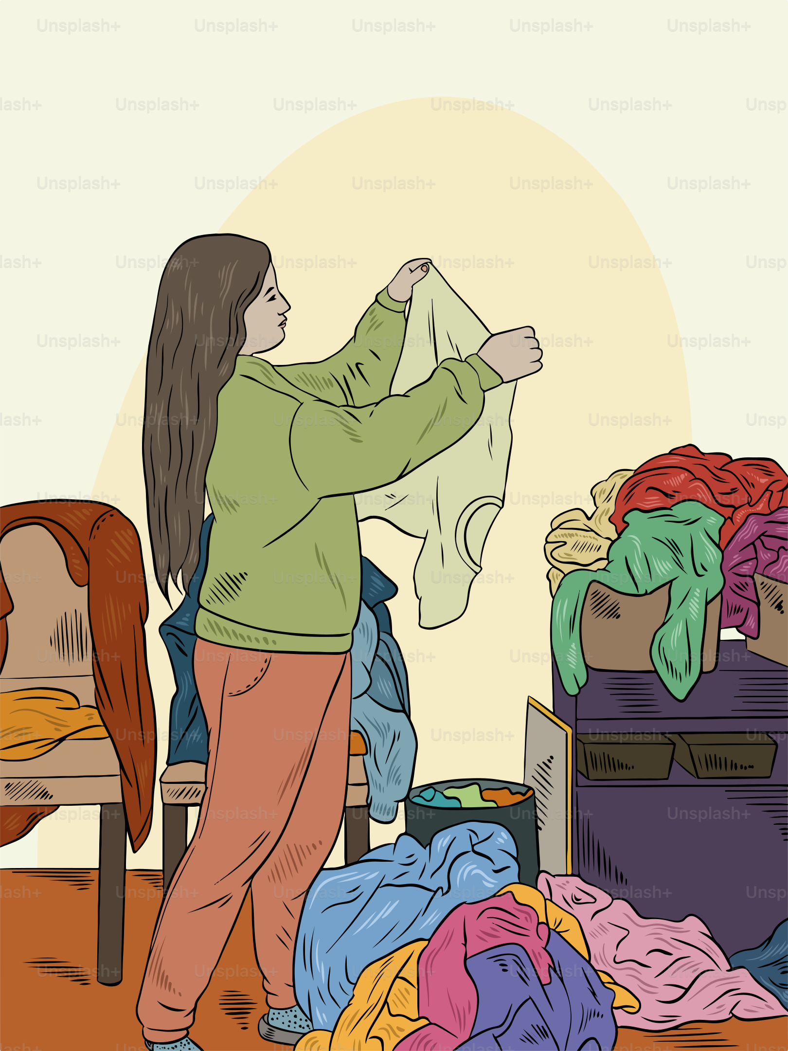 Eine Frau, die vor einem Haufen Kleidung steht