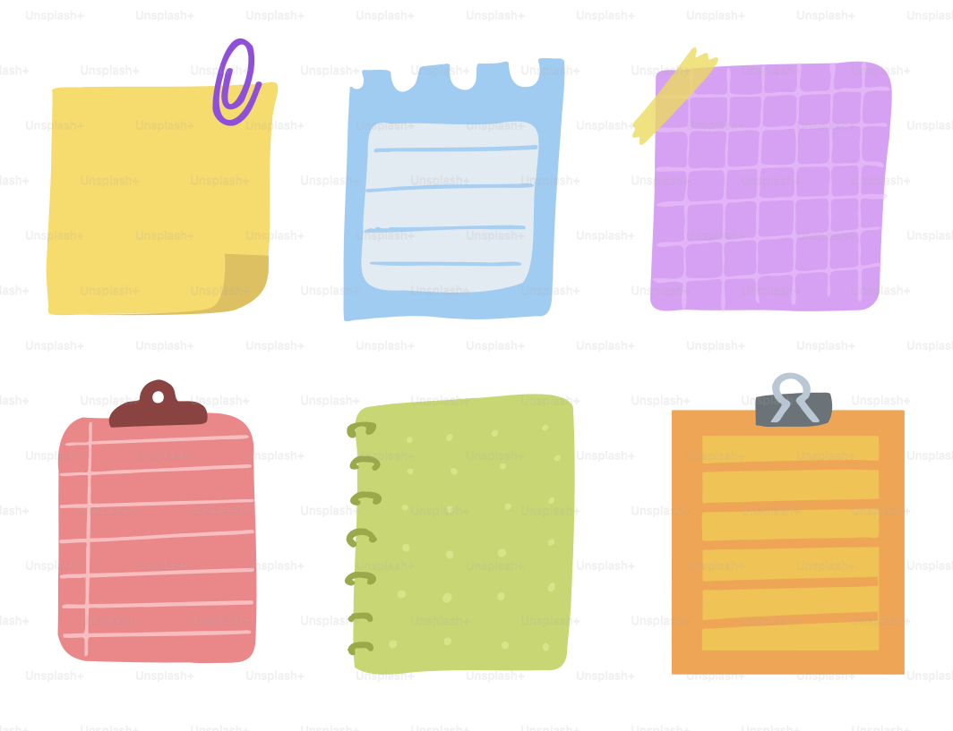 A bunch of different types of paper on a white background