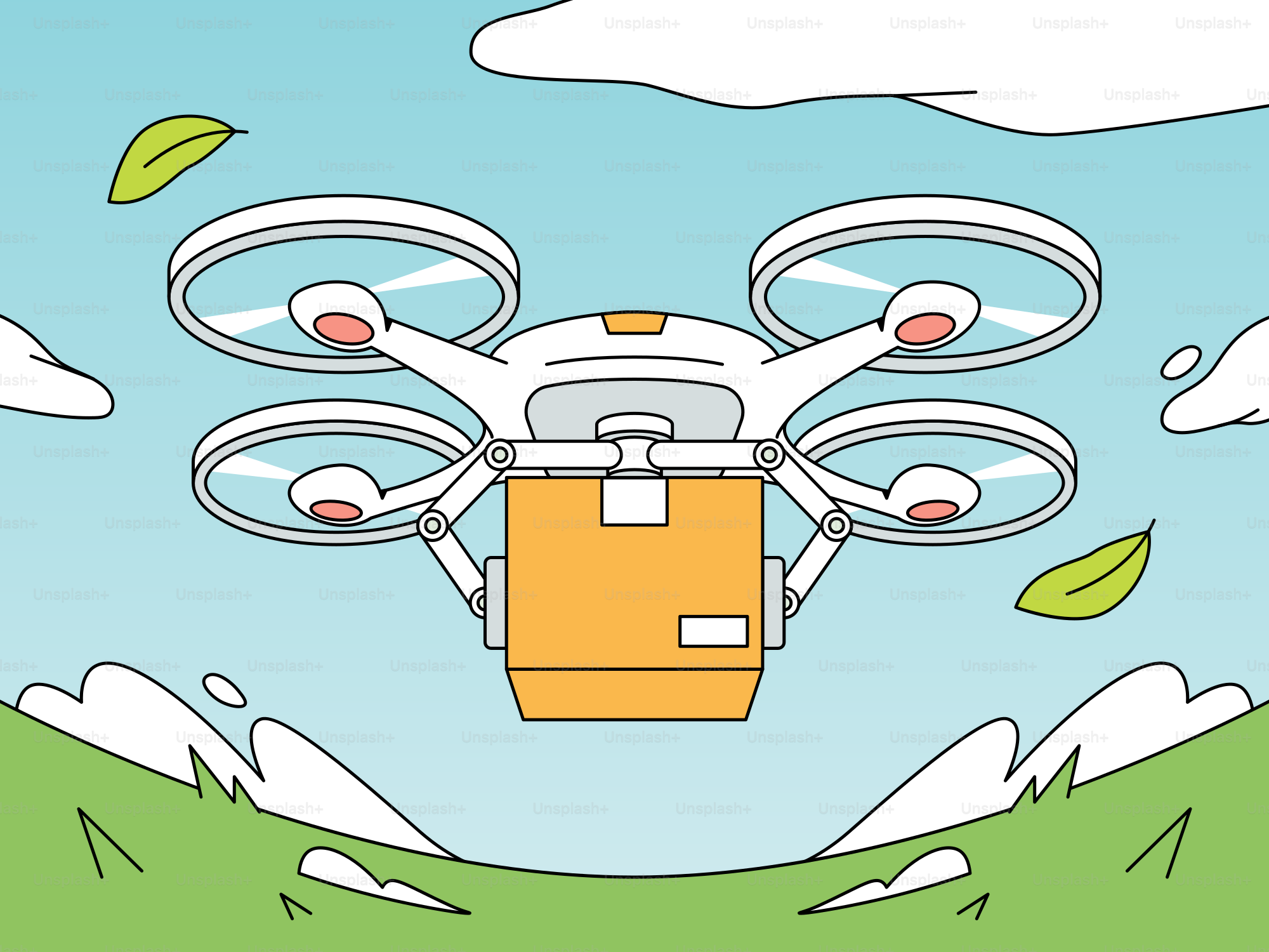 A drawing of a yellow box flying in the sky