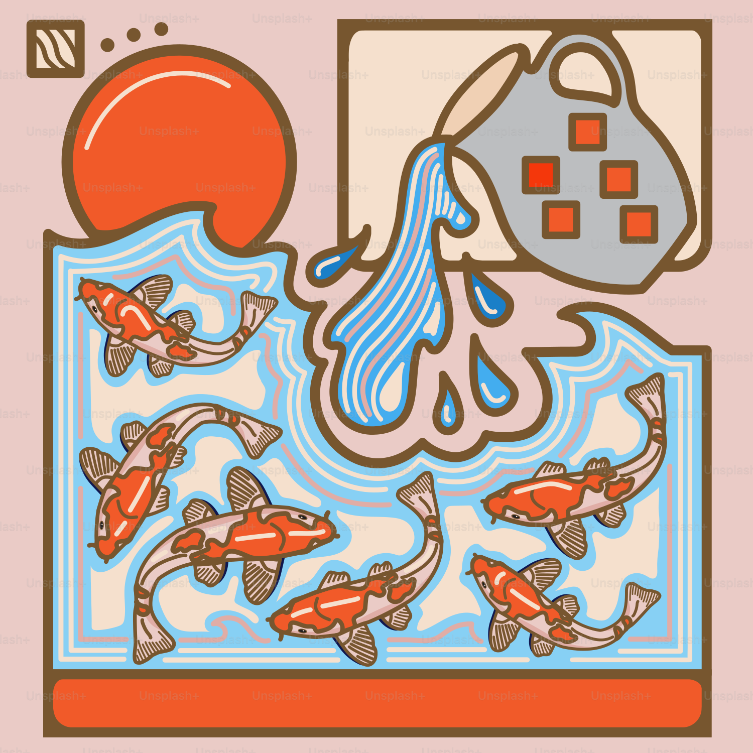 A picture of a fish pond with a watering can