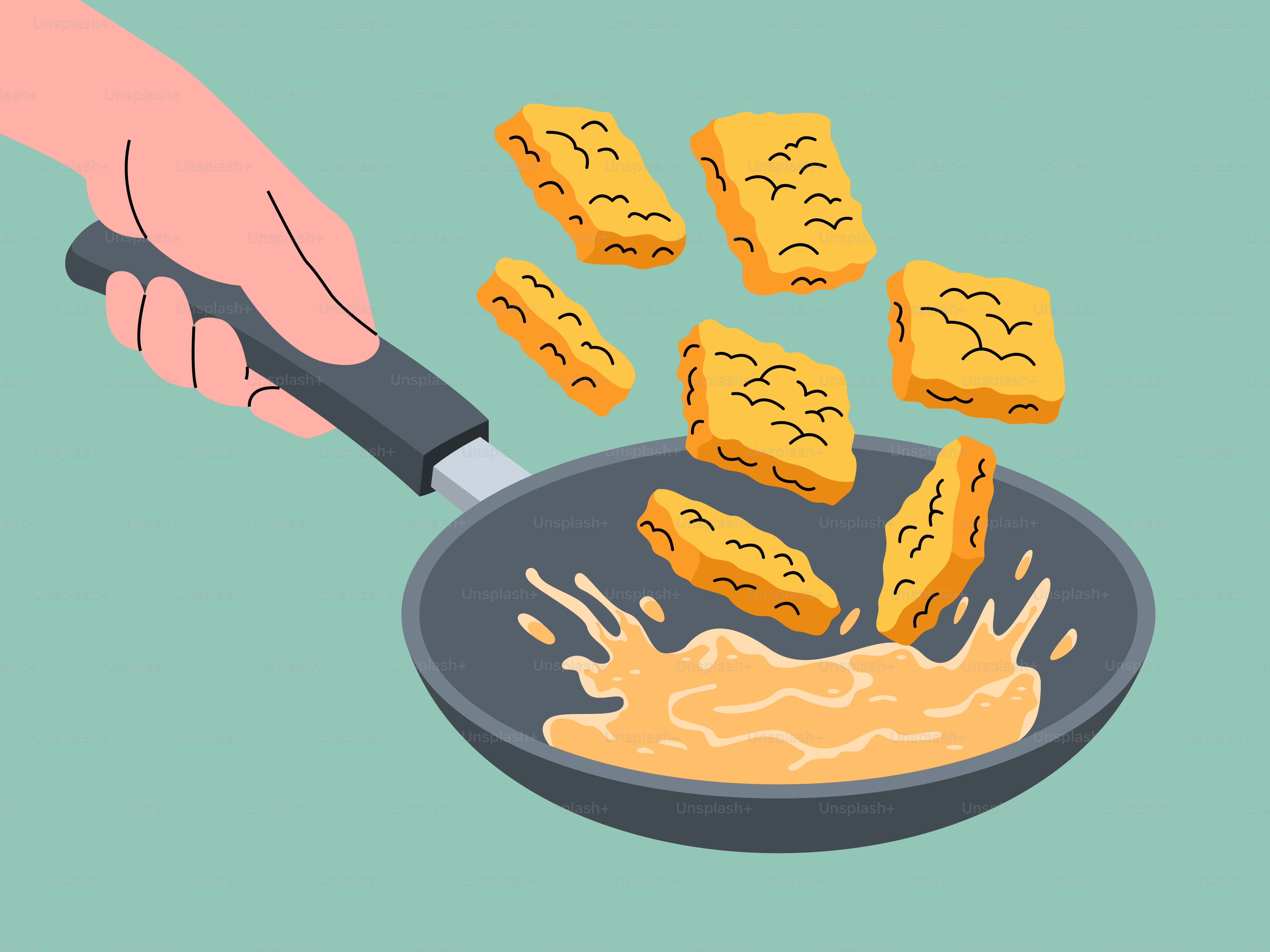 人がフライパンで食べ物を揚げている