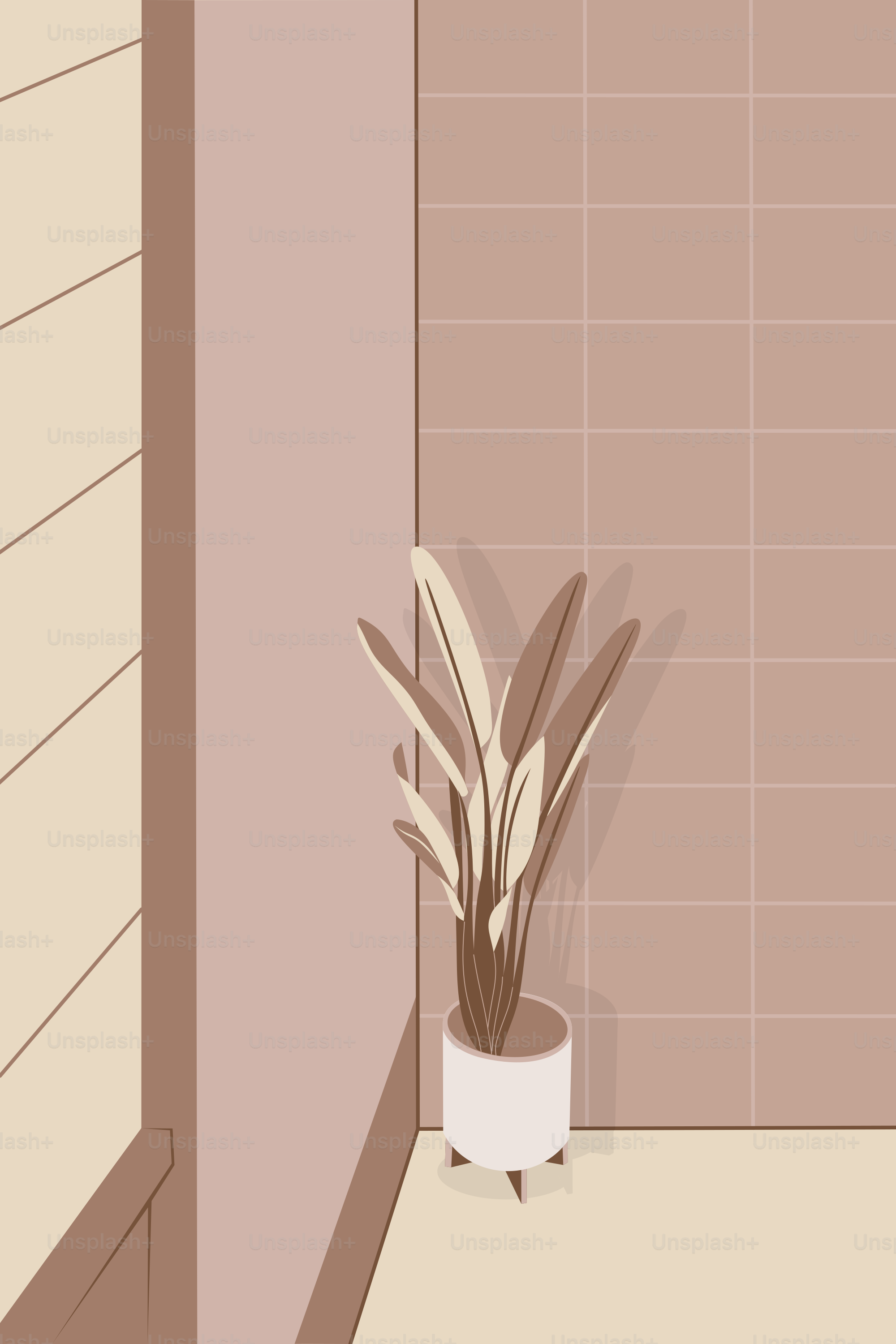 A bathroom with a potted plant in the corner